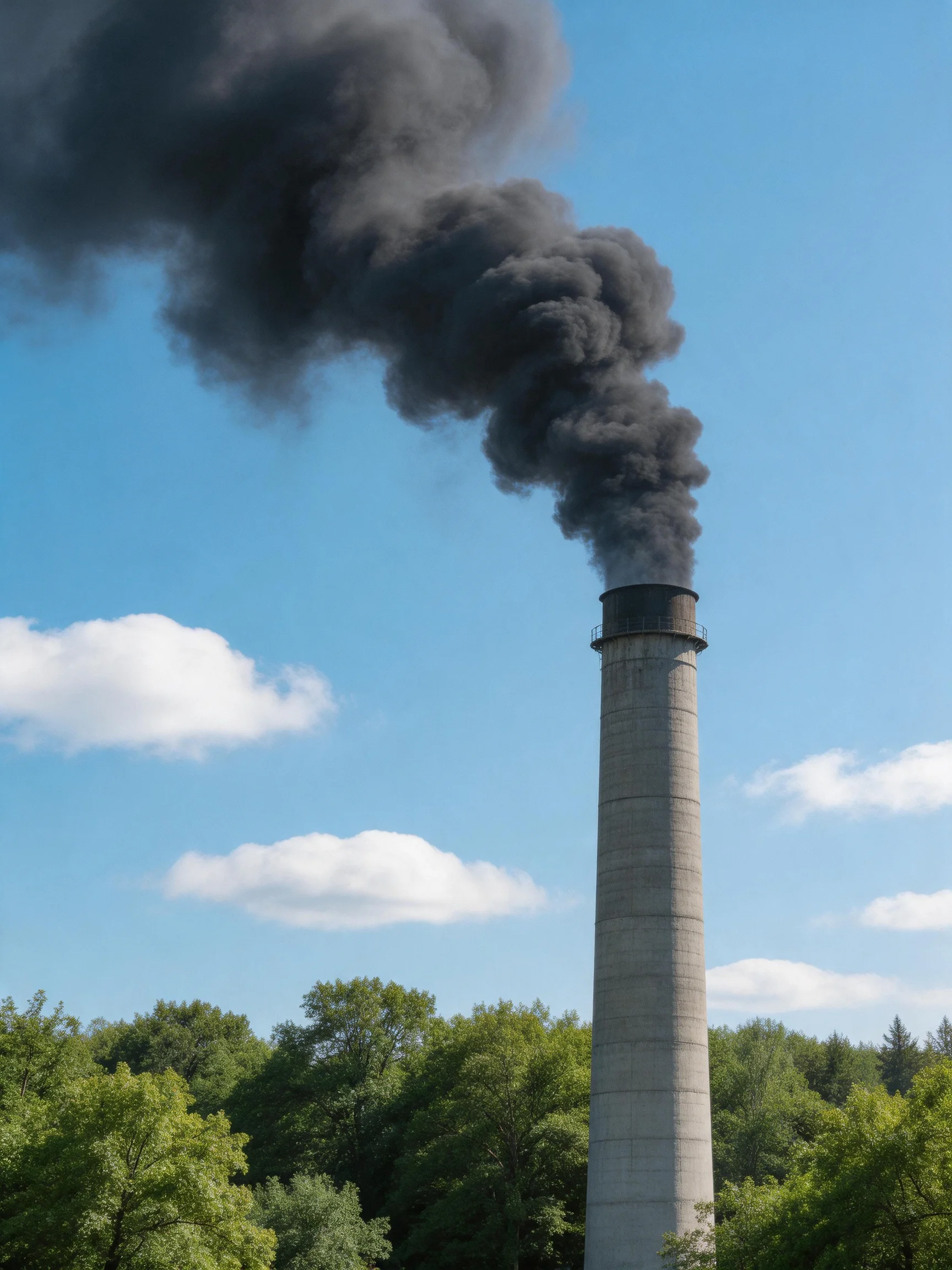 A towering concrete chimney emits thick black smoke into a clear blue sky