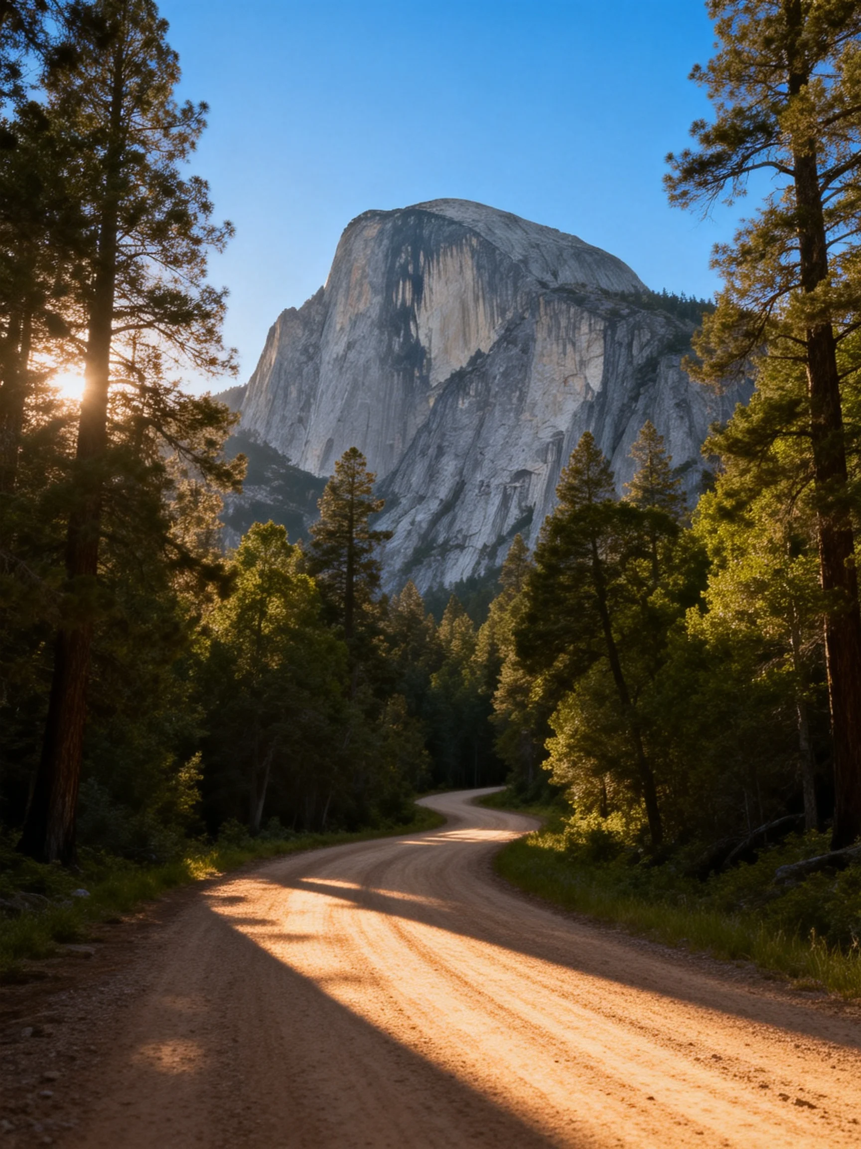 A towering granite cliff behind a winding dirt road with pine trees