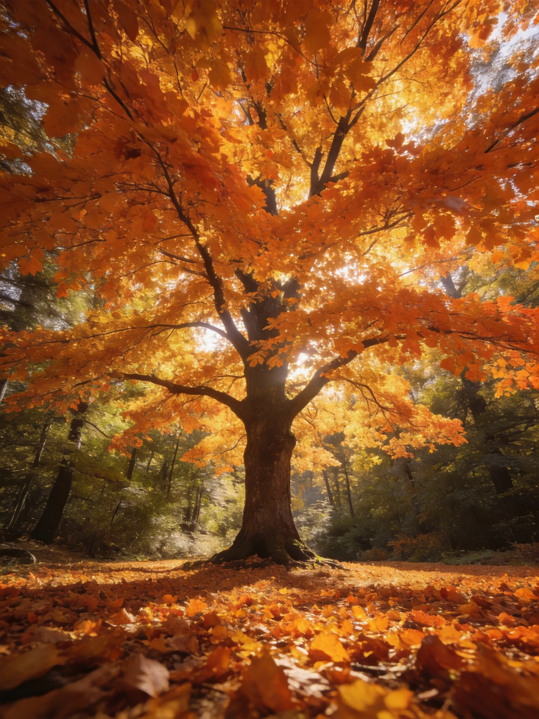 A towering maple tree with golden-orange foliage in an autumn forest