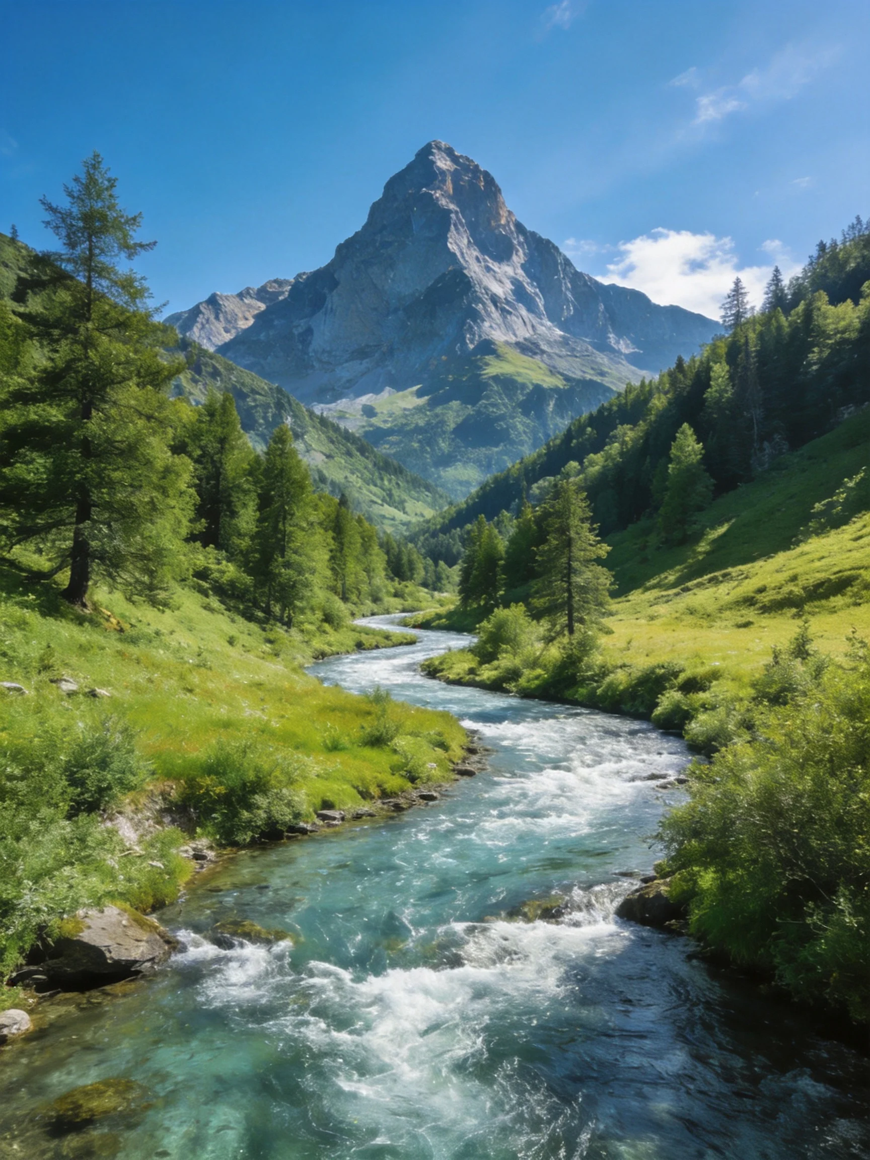A towering mountain overlooks a winding turquoise stream through lush green valleys