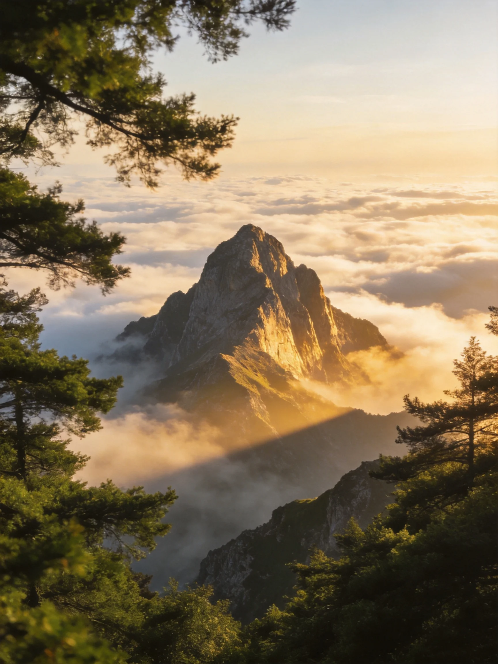 A towering mountain peak rises above a sea of clouds, framed by pine trees