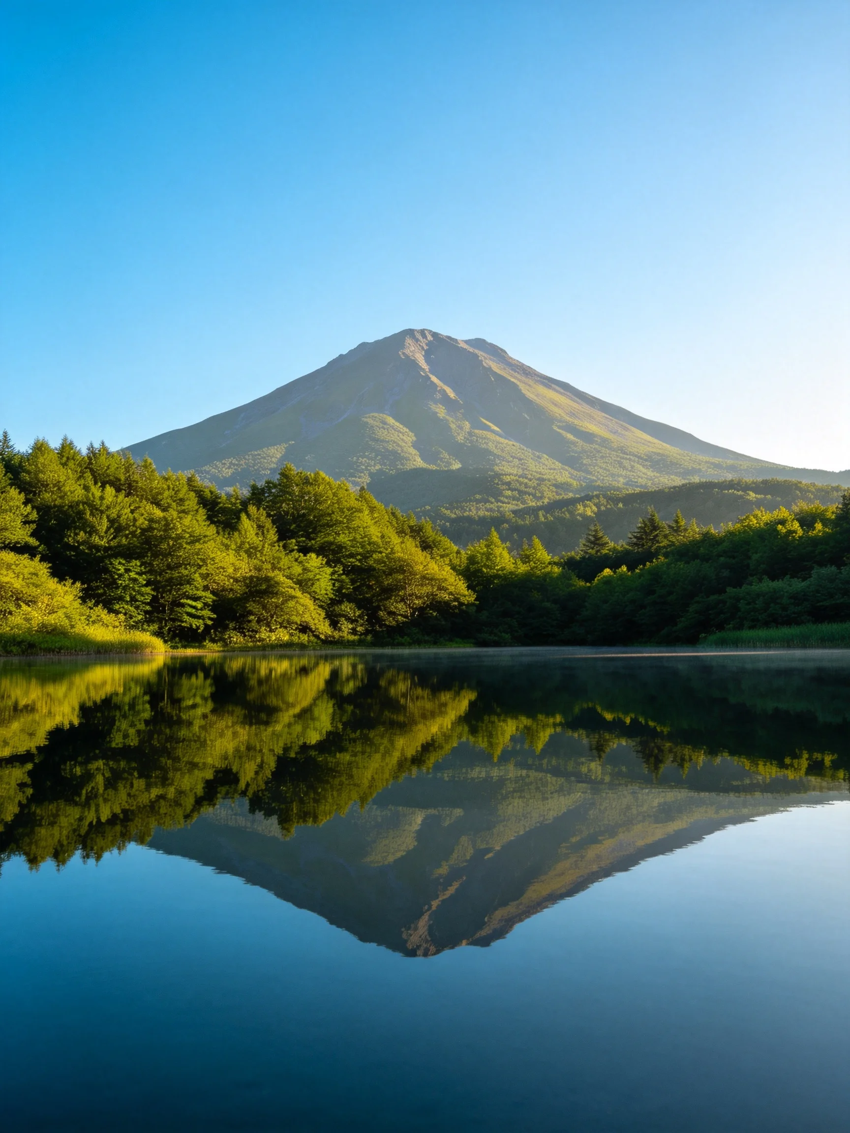 A towering mountain reflected in serene blue waters surrounded by dense green forests