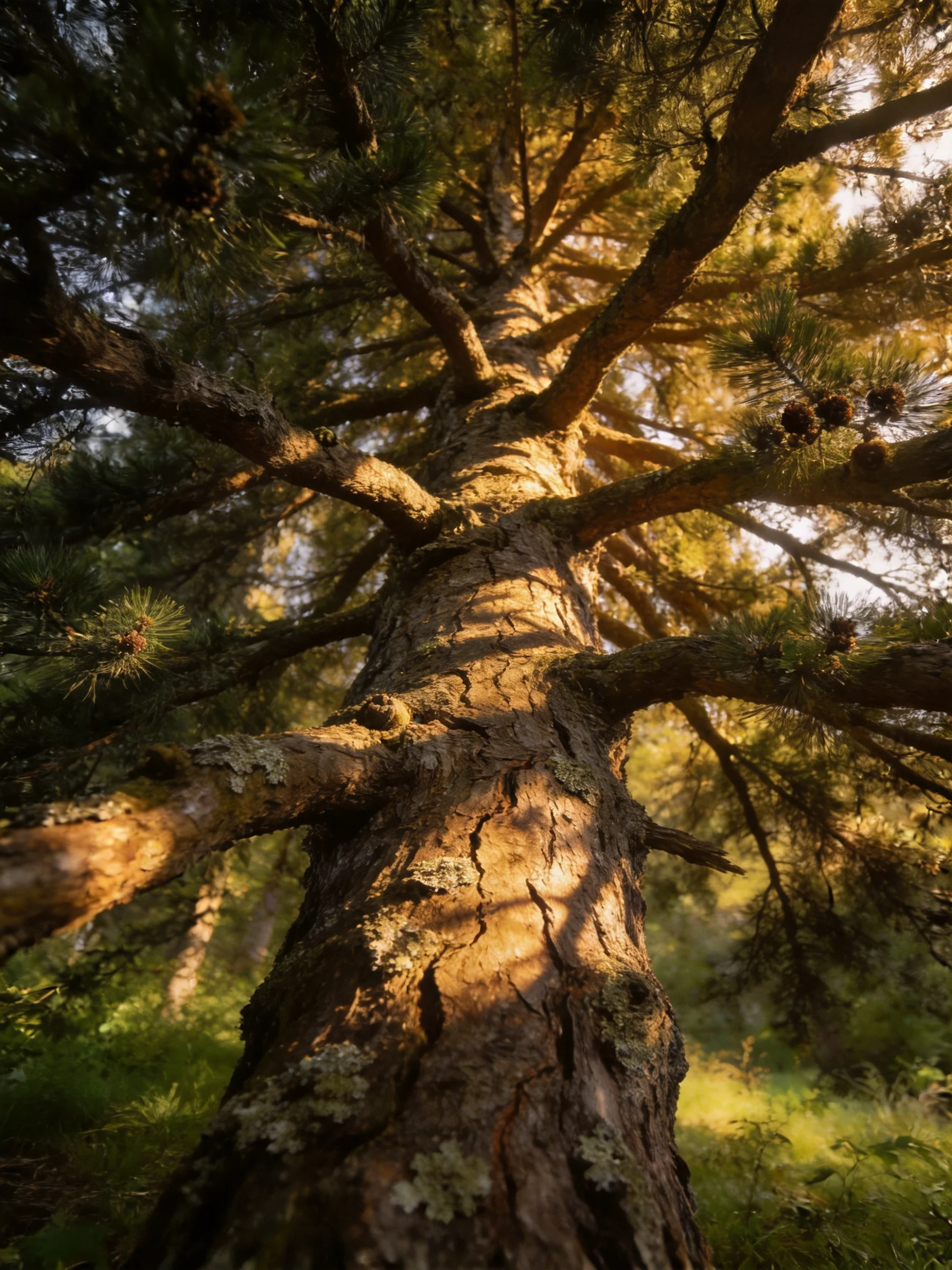 A towering pine tree bathed in golden sunlight with textured bark