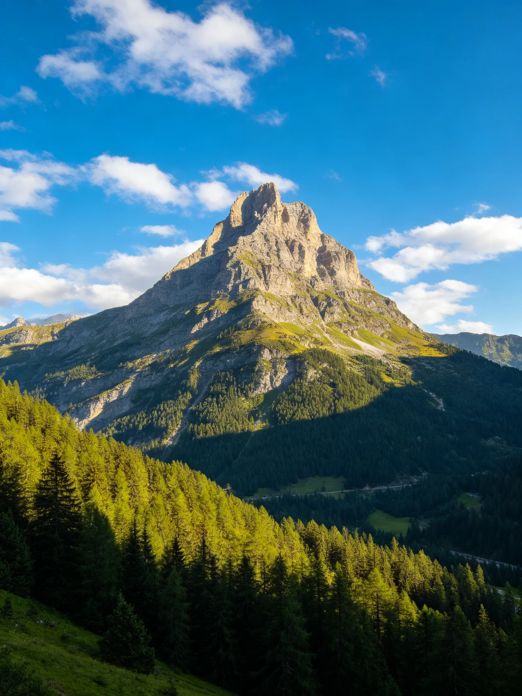 A towering rocky peak rises above dense evergreen forests under a bright blue sky