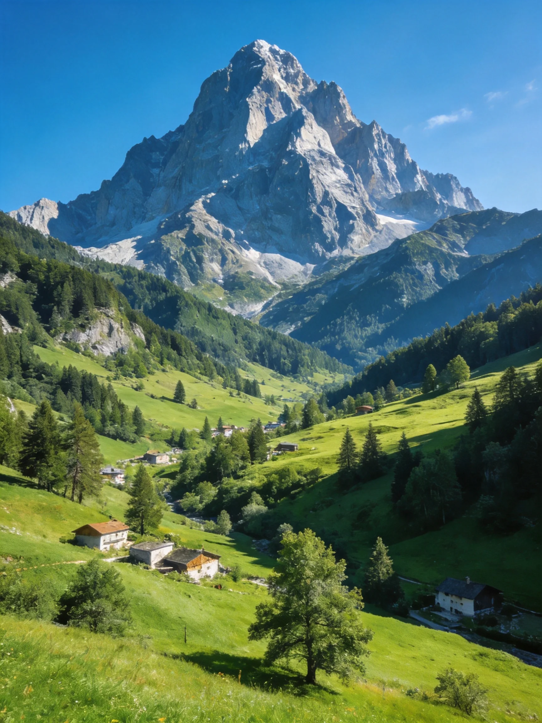 A towering snow - capped mountain overlooks a lush green valley with scattered cottages