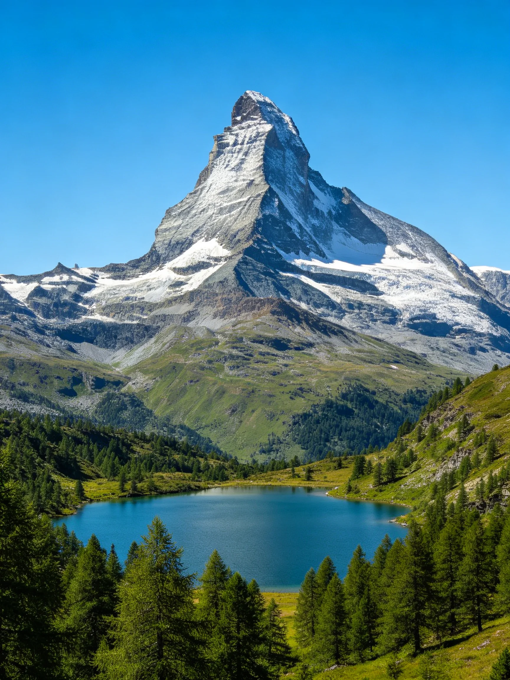 A towering snow - capped mountain overlooks a serene alpine lake