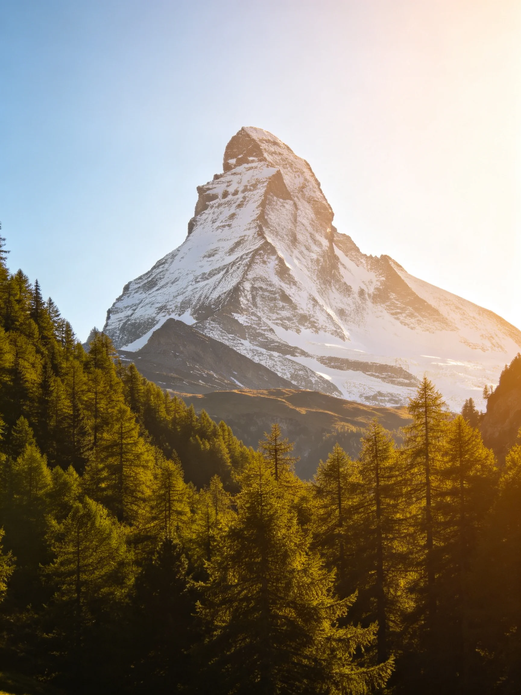 A towering snow-capped mountain overlooks lush green forests in golden light