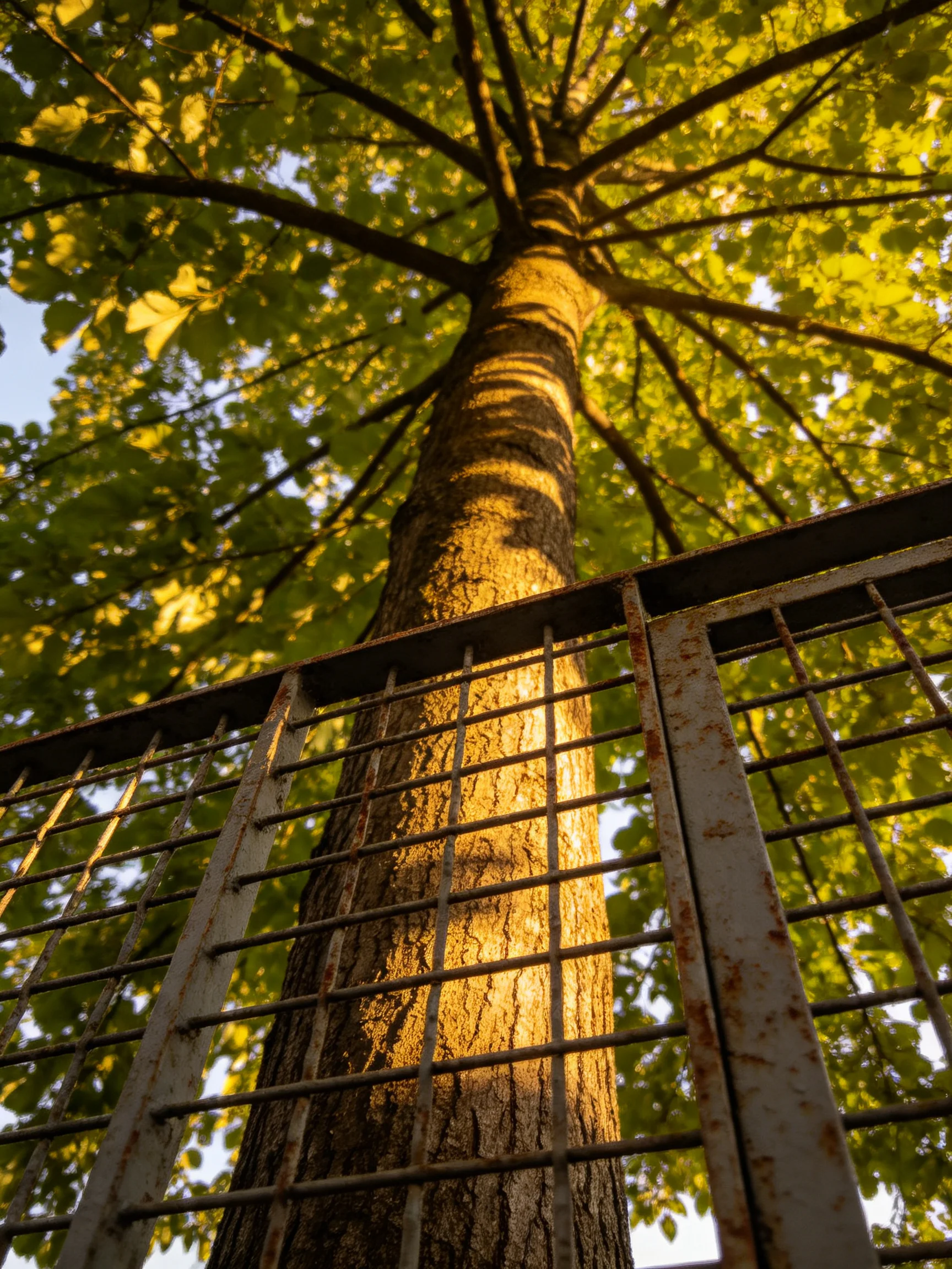 A towering tree bathed in golden sunlight near a rusty metal fence