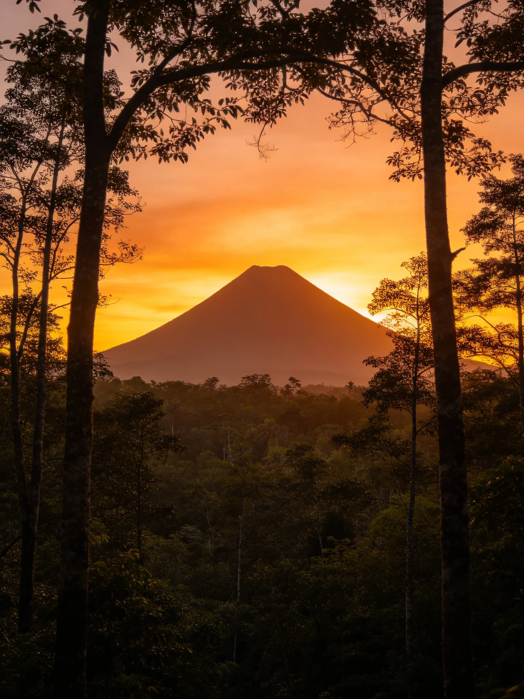 A towering volcano silhouetted by vibrant orange sunset skies amid dense forests