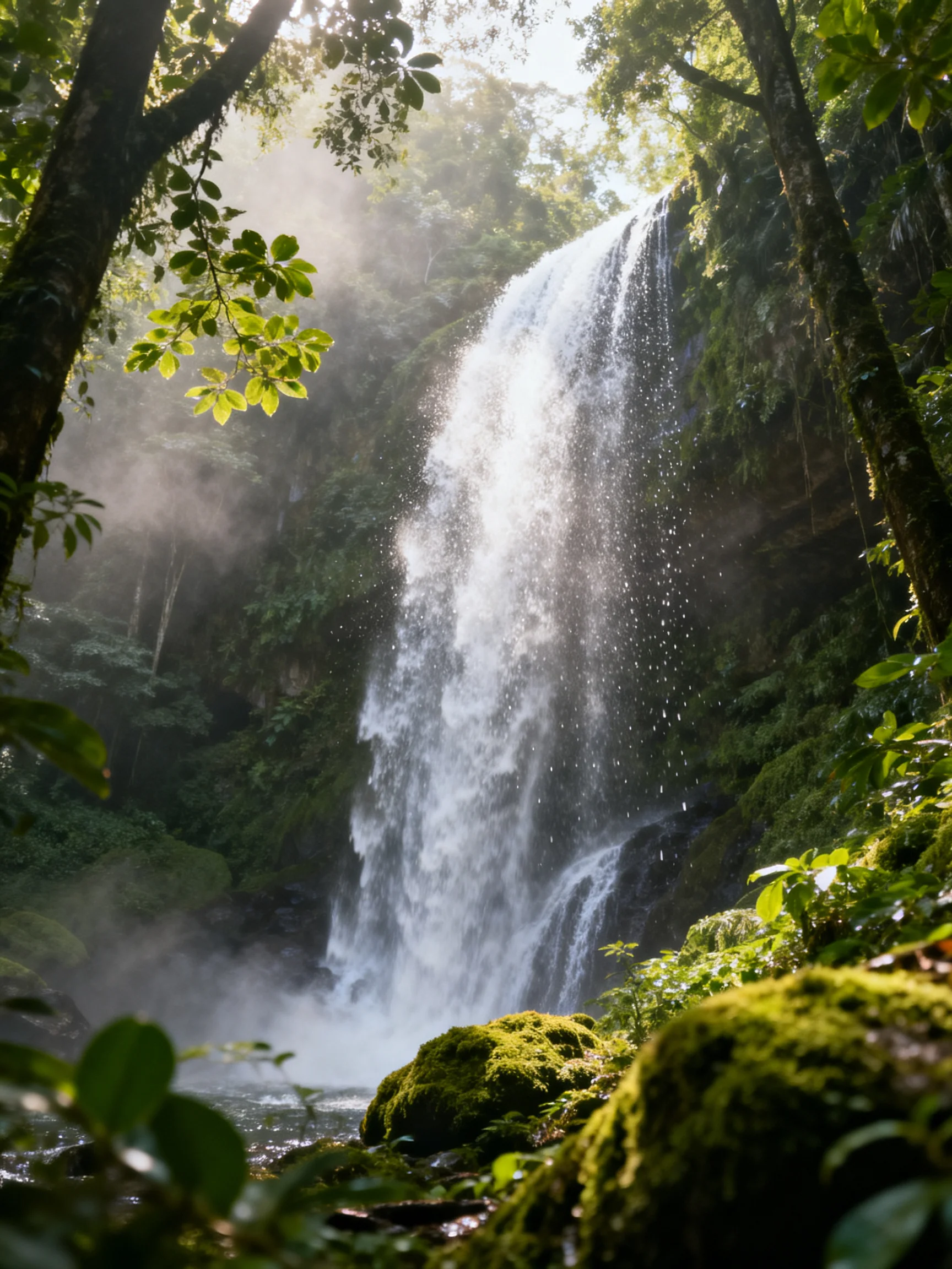 A towering waterfall cascades amid dense emerald foliage and morning mist.