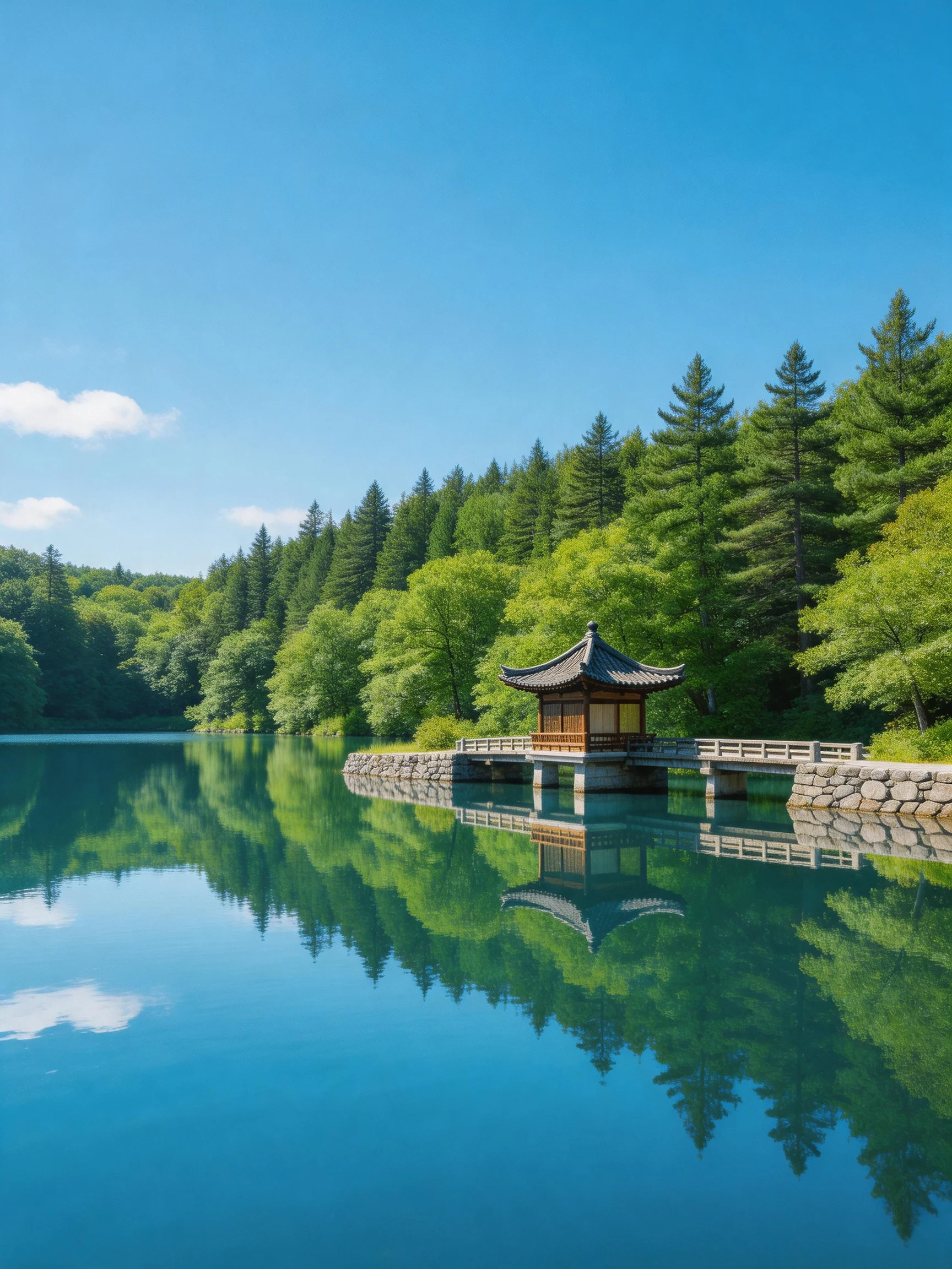 A traditional pavilion overlooks calm turquoise waters amid lush green forests