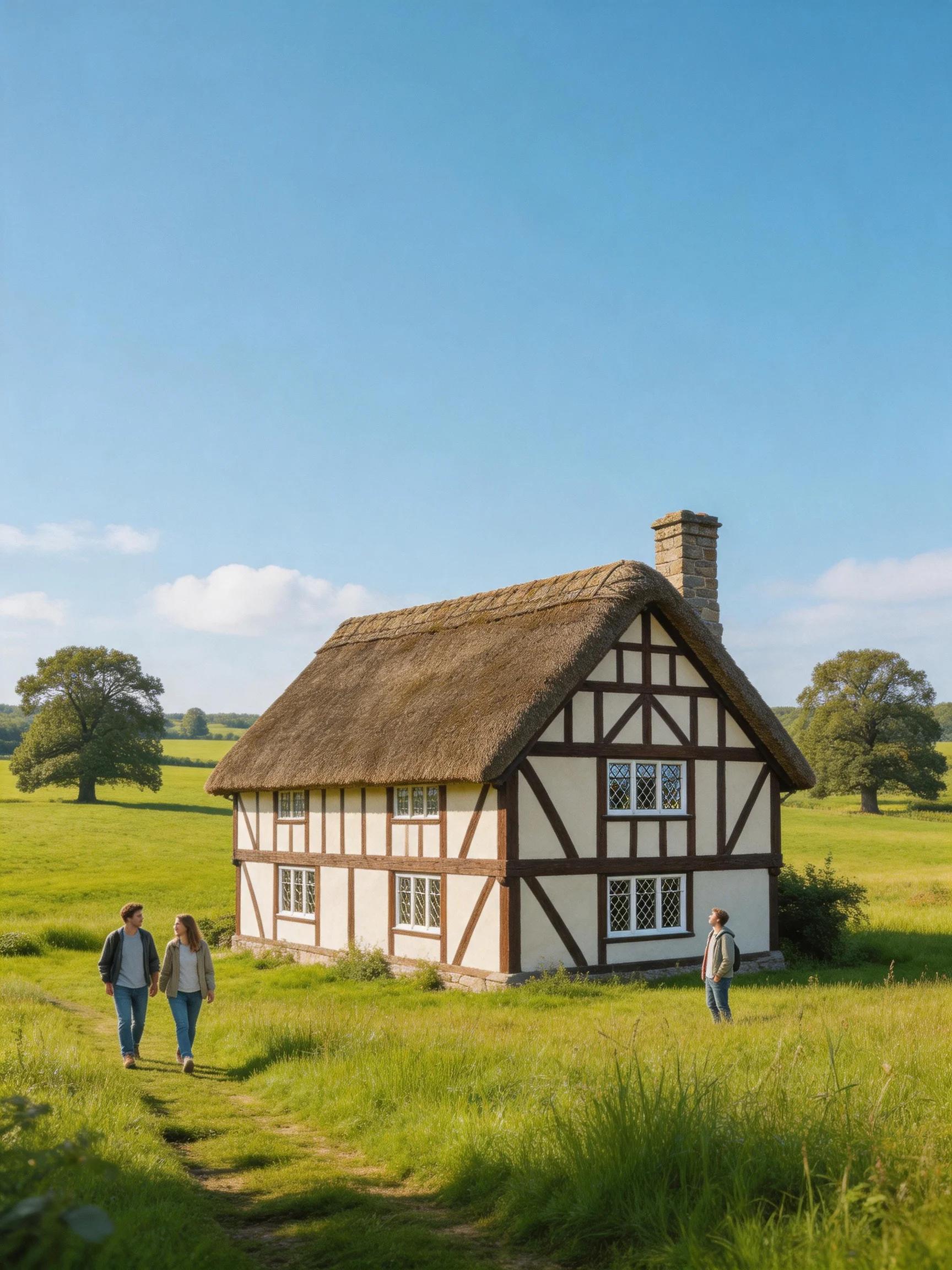 A traditional timber - framed cottage with a thatched roof in a green field