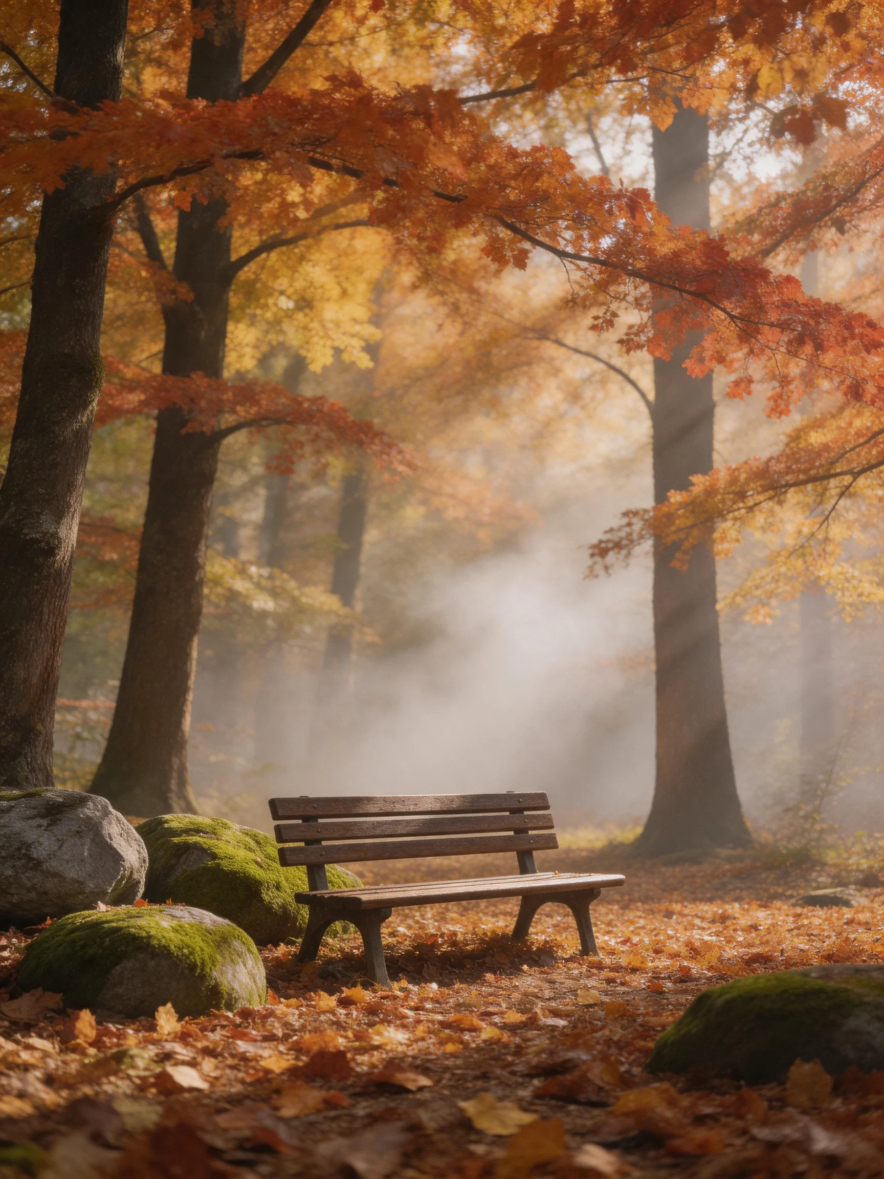 A tranquil autumn forest with a wooden bench and golden foliage