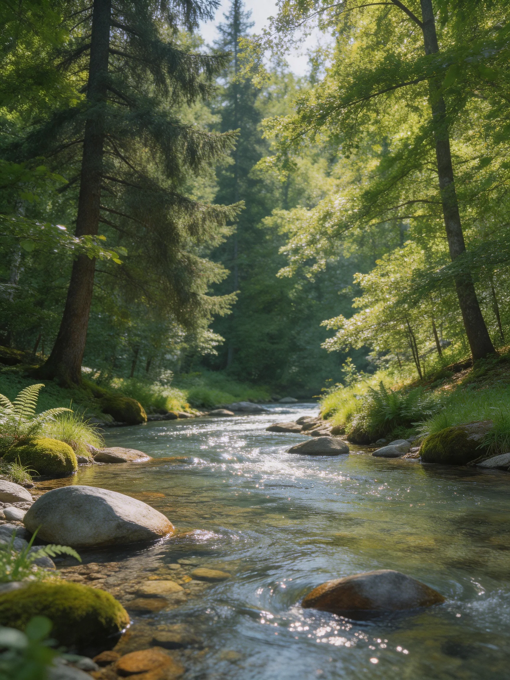 A tranquil forest stream with clear water and mossy rocks