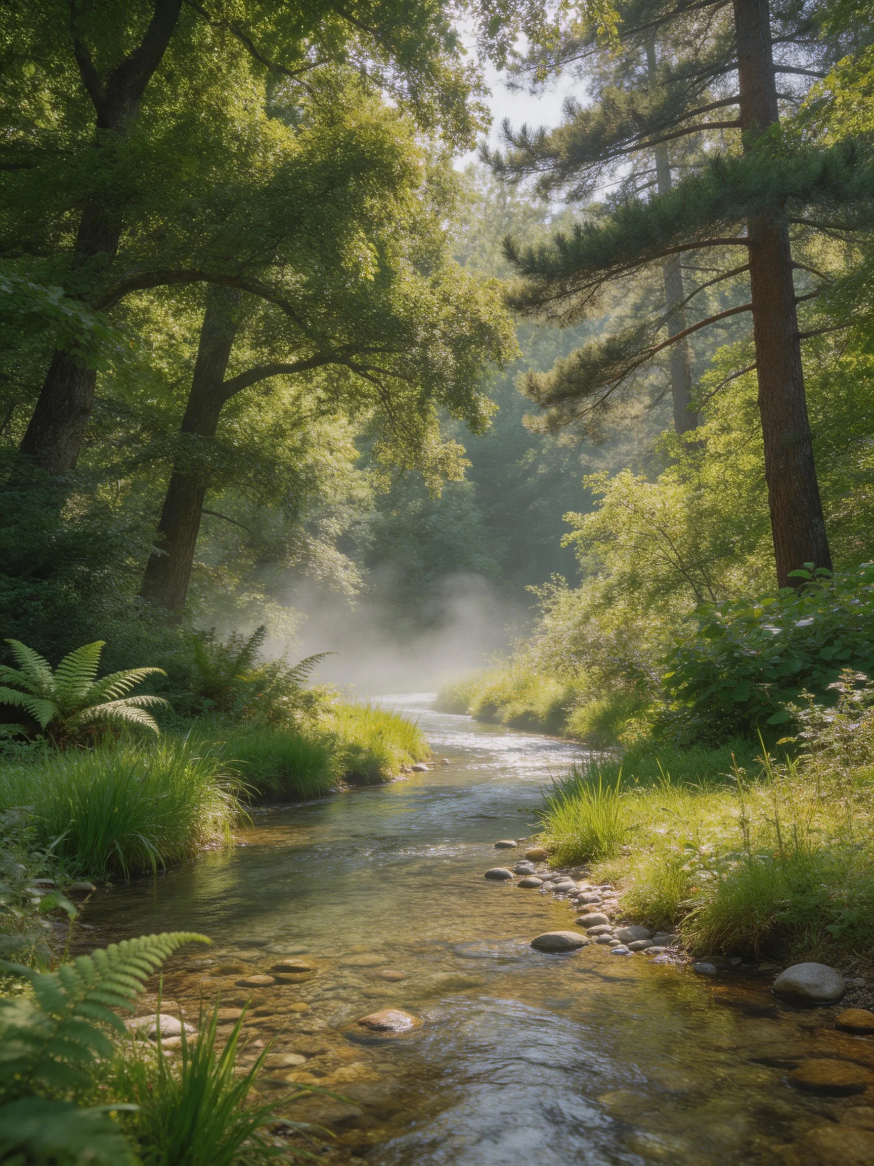 A tranquil forest stream with lush greenery and morning mist