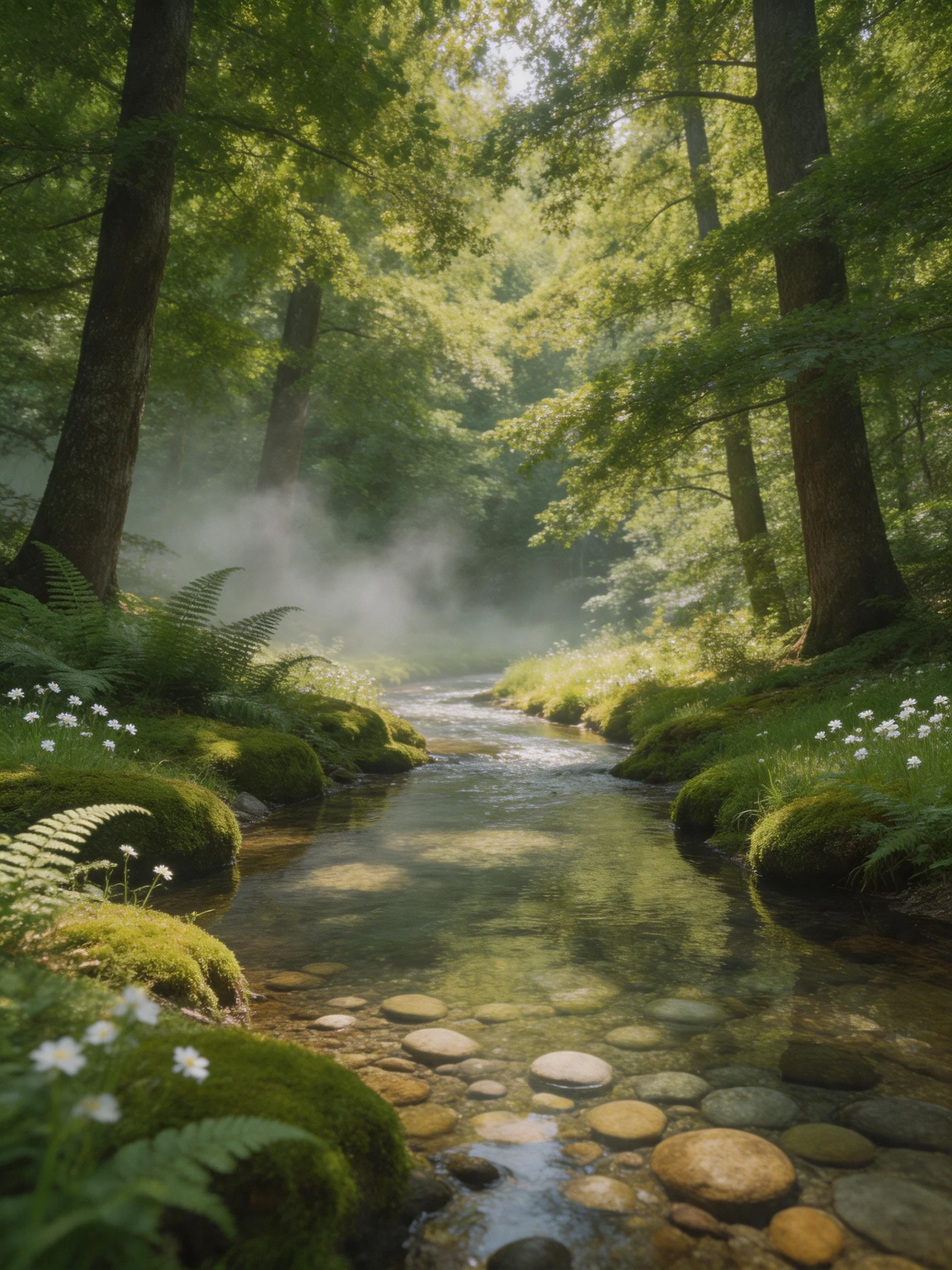 A tranquil forest stream with moss-covered rocks and morning mist