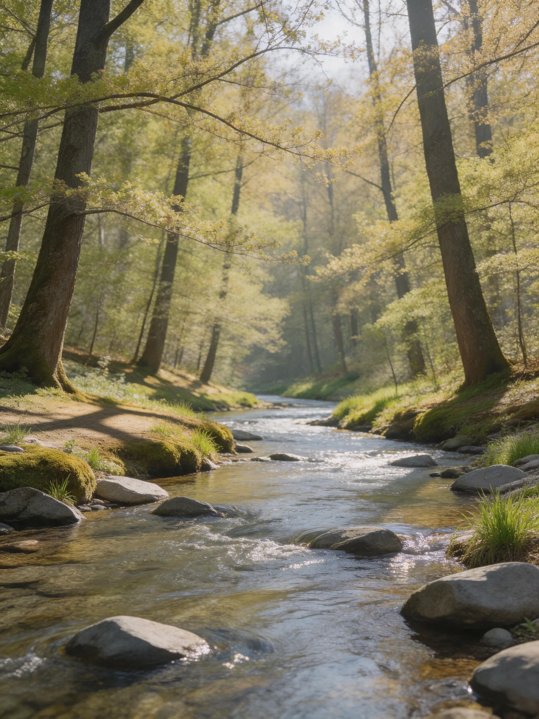 A tranquil forest stream with tall trees and mossy rocks