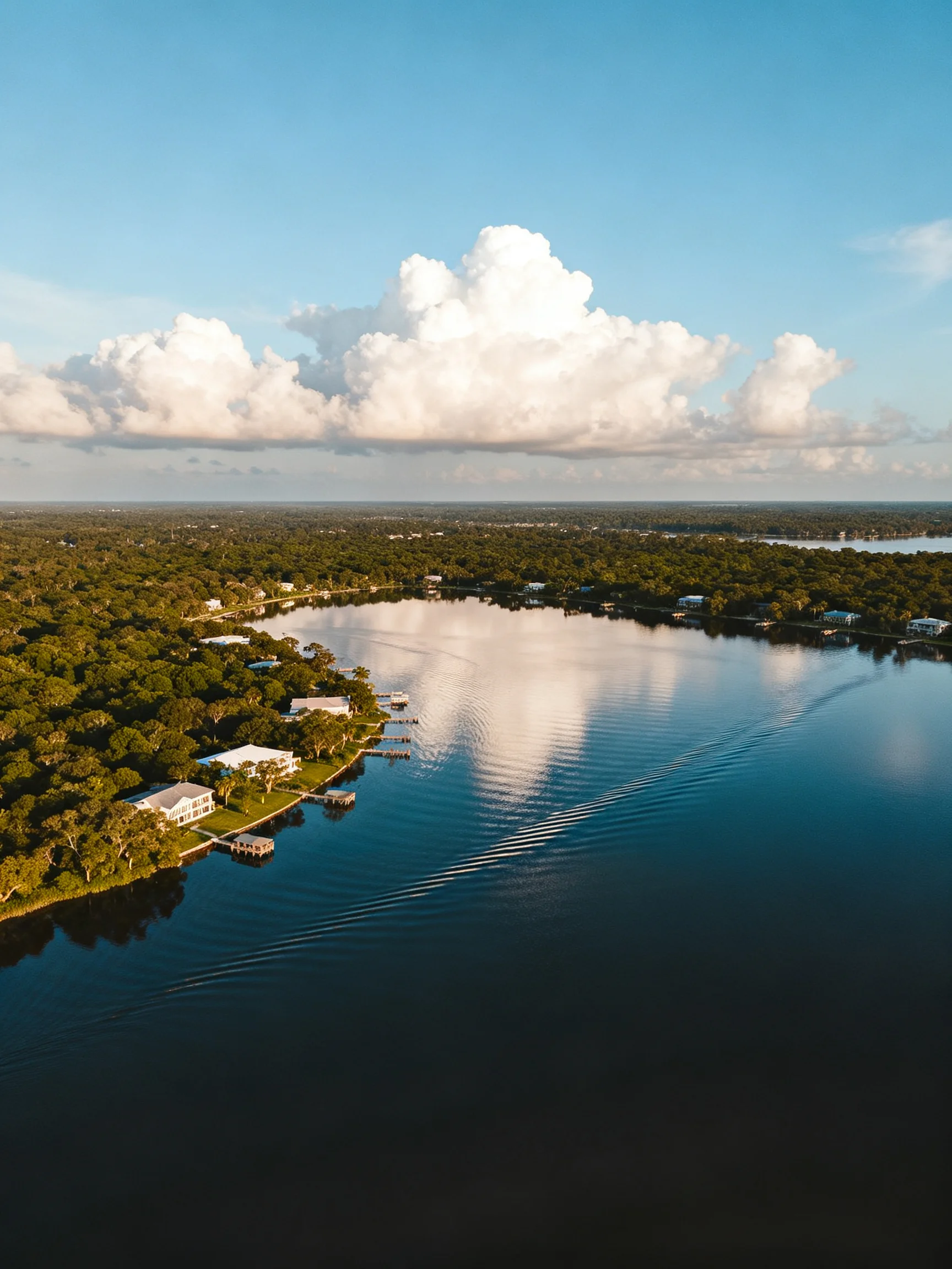 A tranquil lake bordered by dense forests and waterfront homes