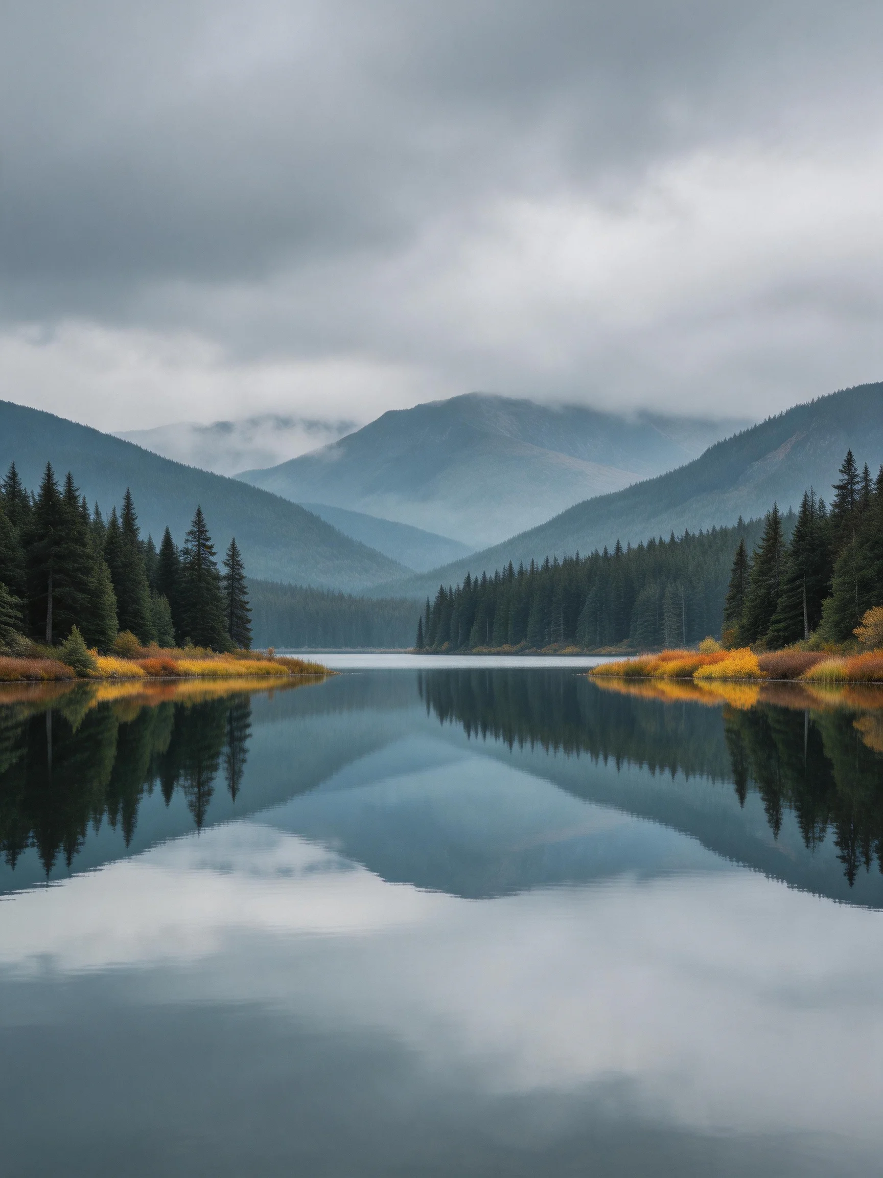 A tranquil lake mirrors mist-shrouded mountains and forested shores