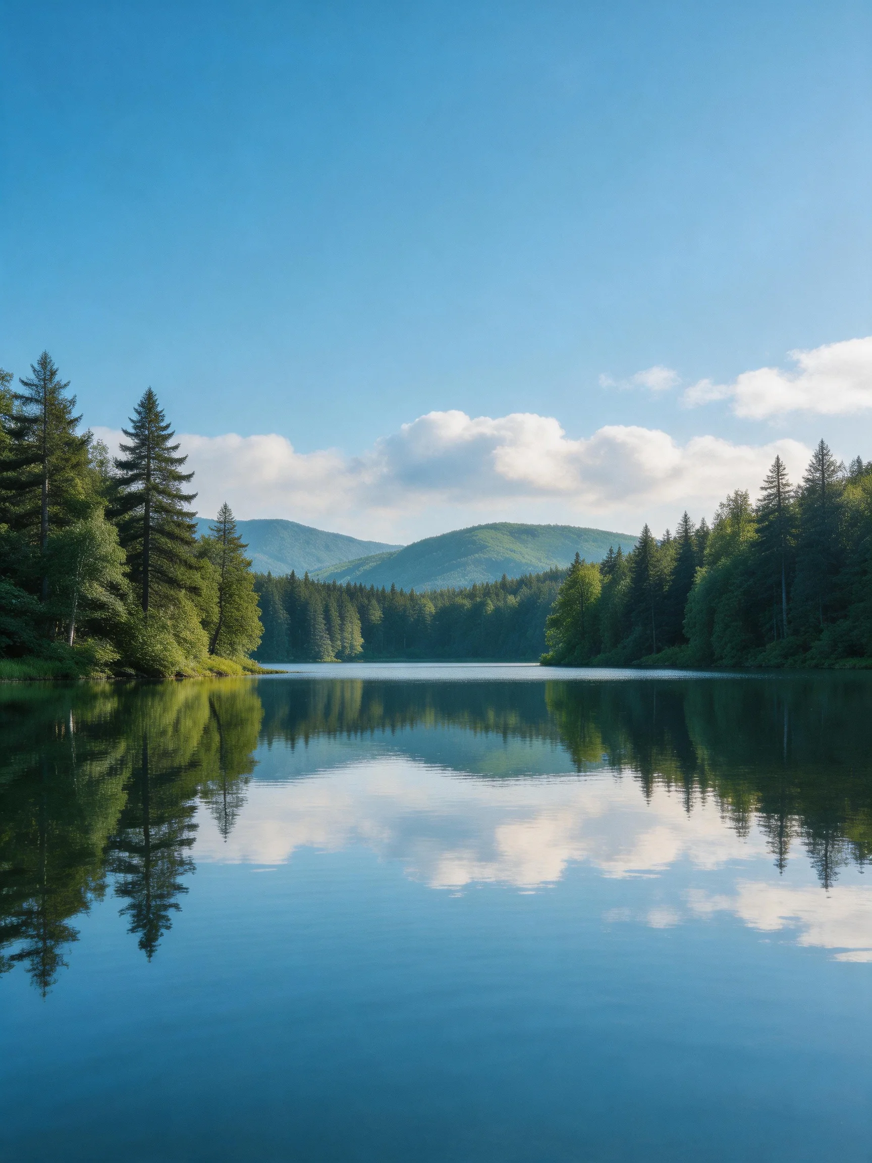 A tranquil lake reflects forested hills and clear blue sky