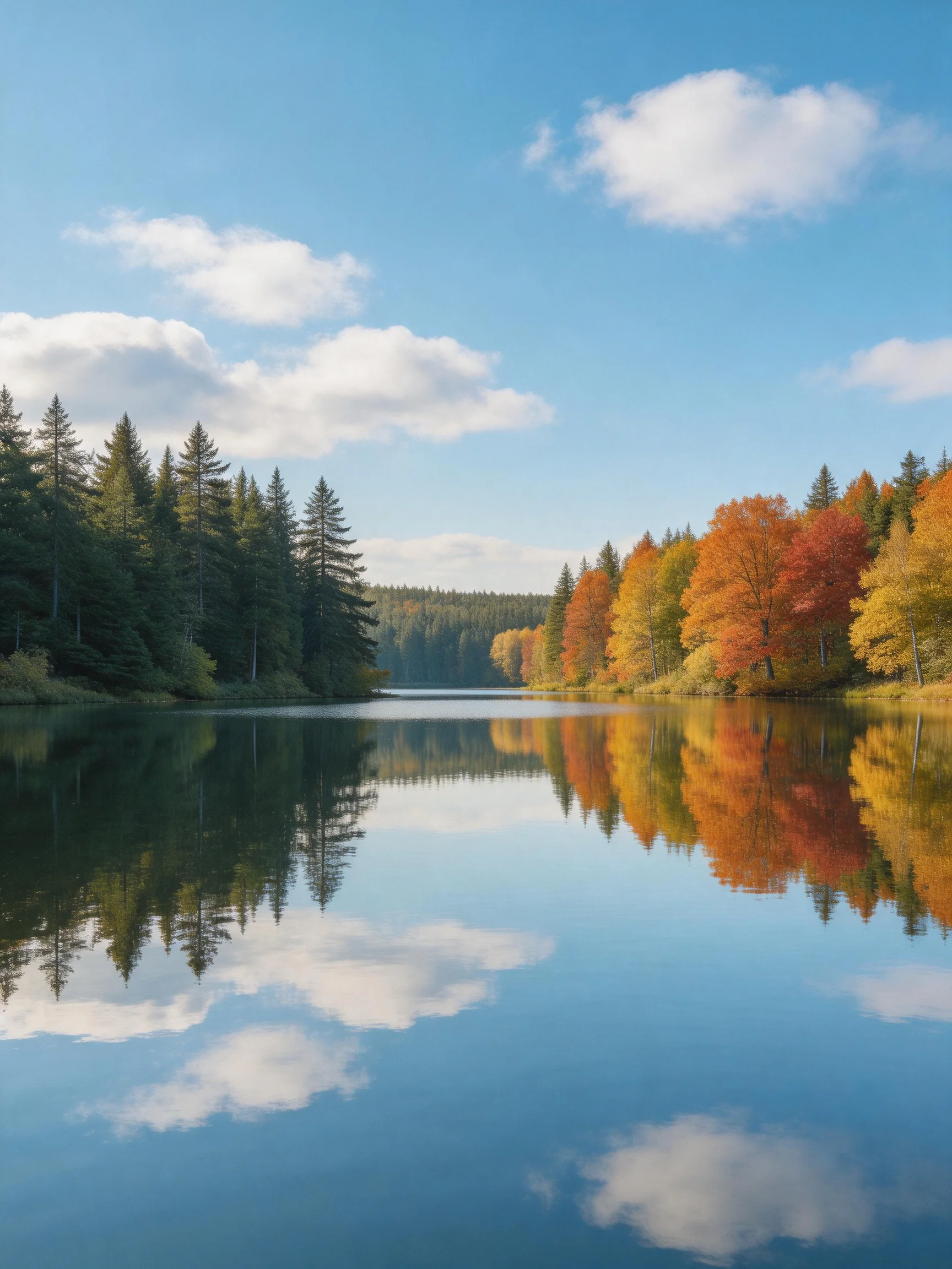 A tranquil lake reflects vibrant autumn trees and clear blue sky