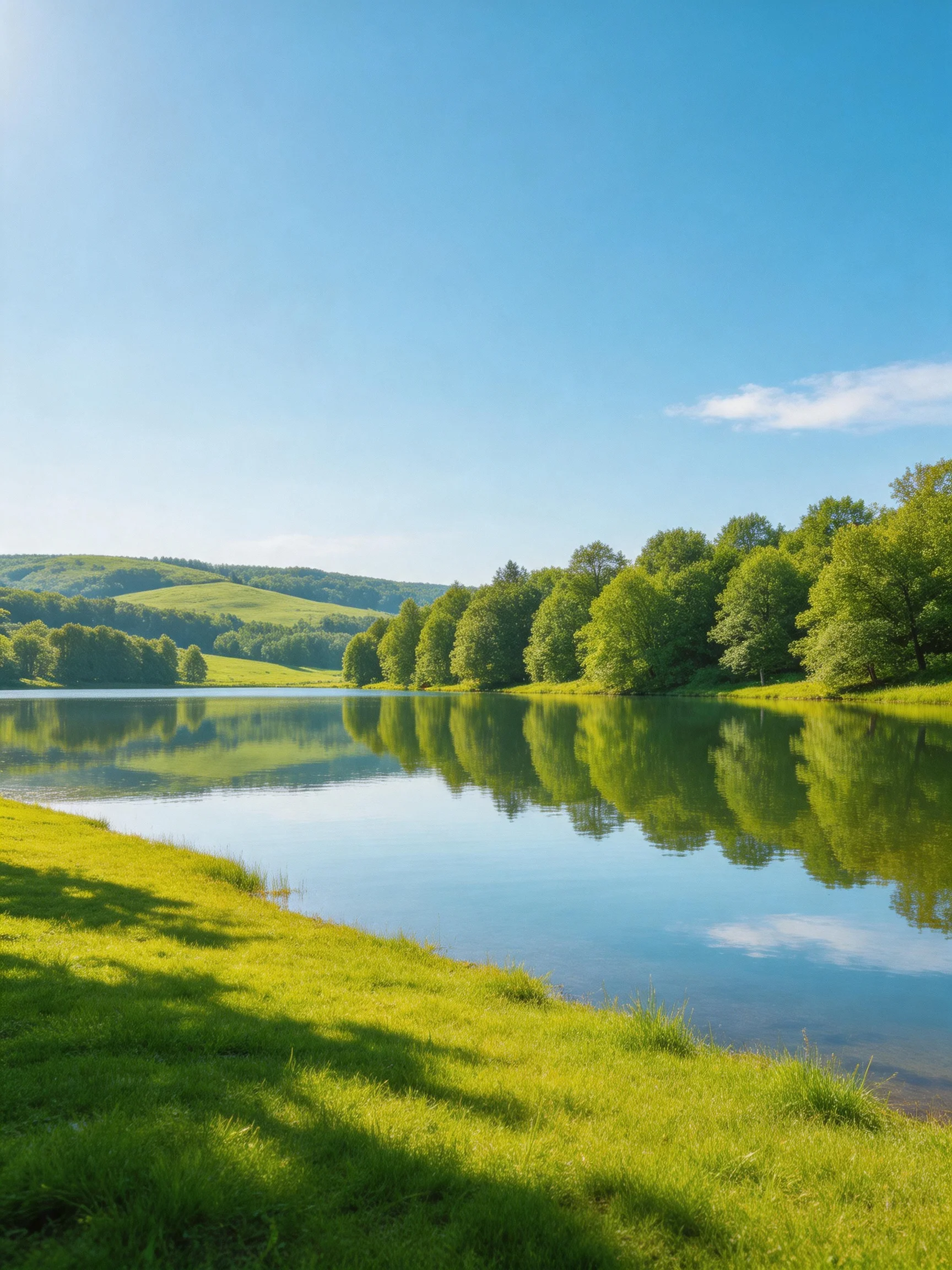 A tranquil lake reflects vibrant green trees and clear blue sky