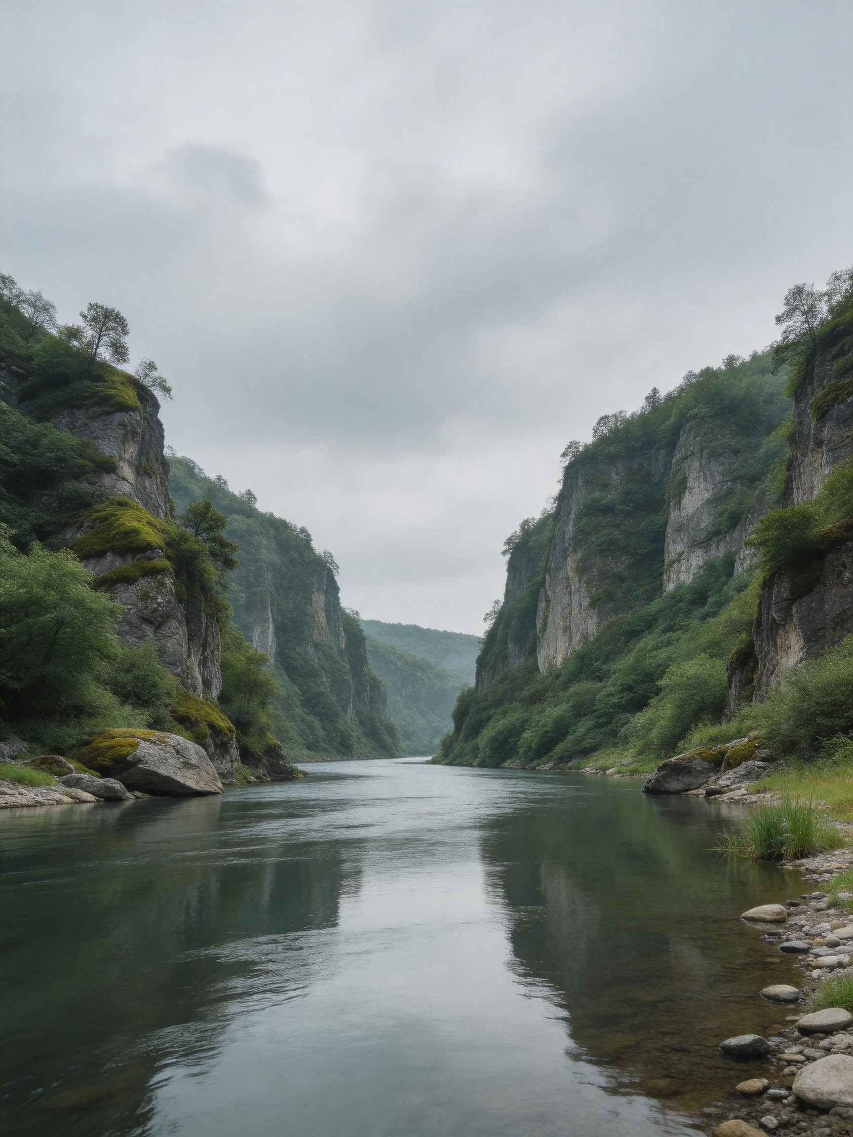 A tranquil river flows through steep, forested canyons under overcast skies