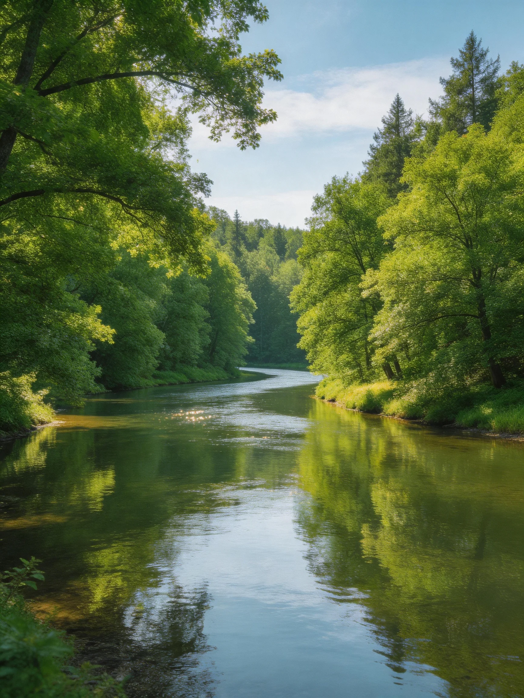 A tranquil river winds through dense green forests