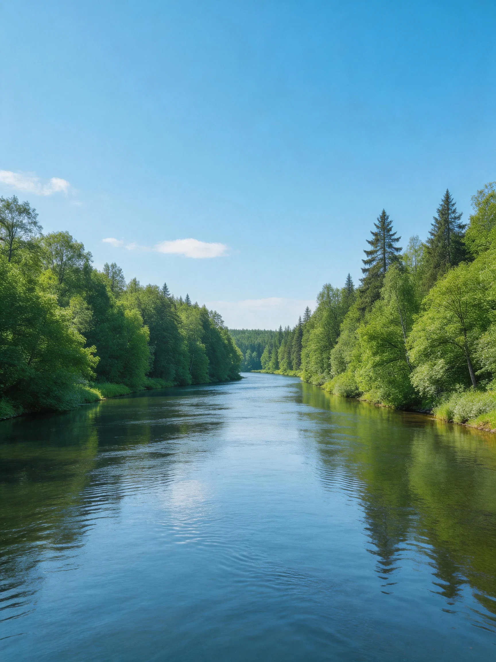 A tranquil river winds through lush green forests beneath a clear blue sky