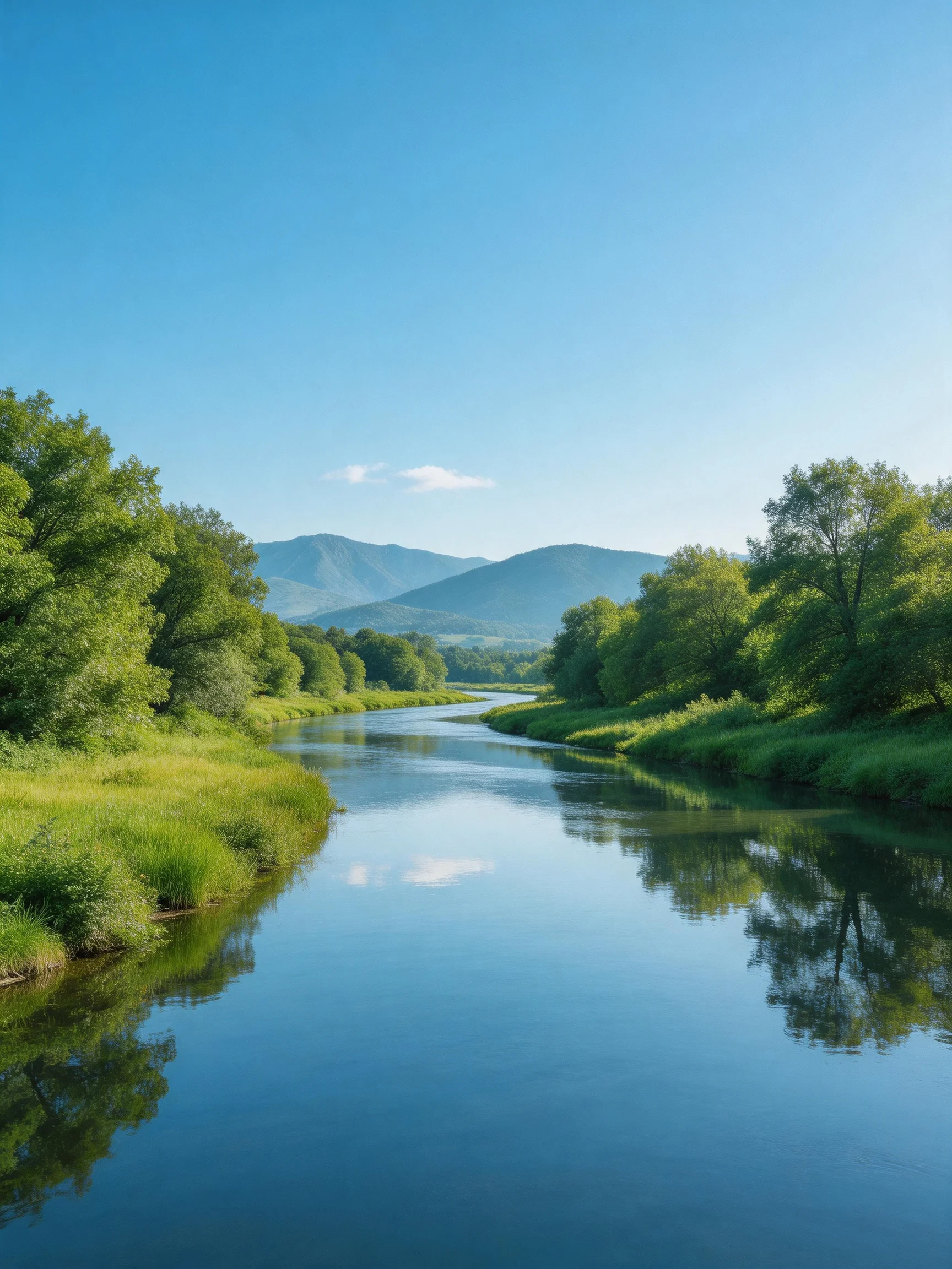 A tranquil river winds through verdant landscapes with distant mountains