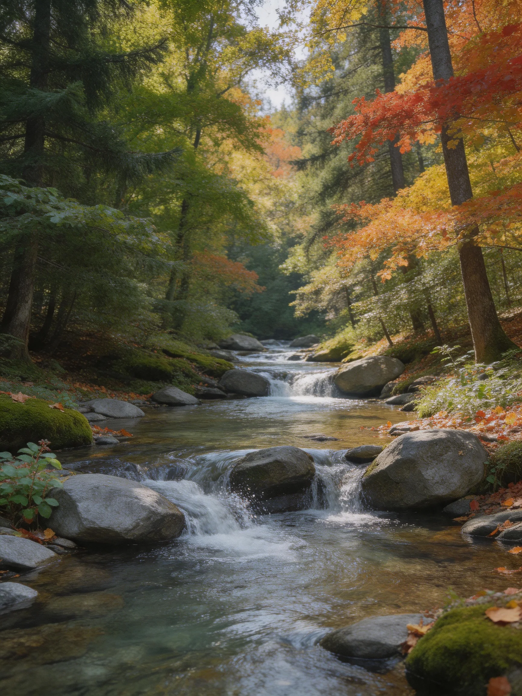 A tranquil stream flows through an autumn forest with colorful foliage