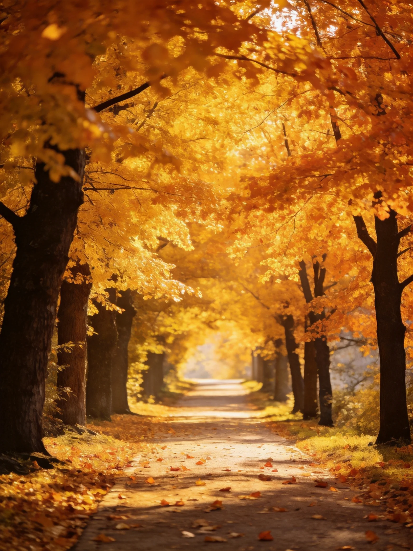 A tree --lined path lined with golden autumn leaves
