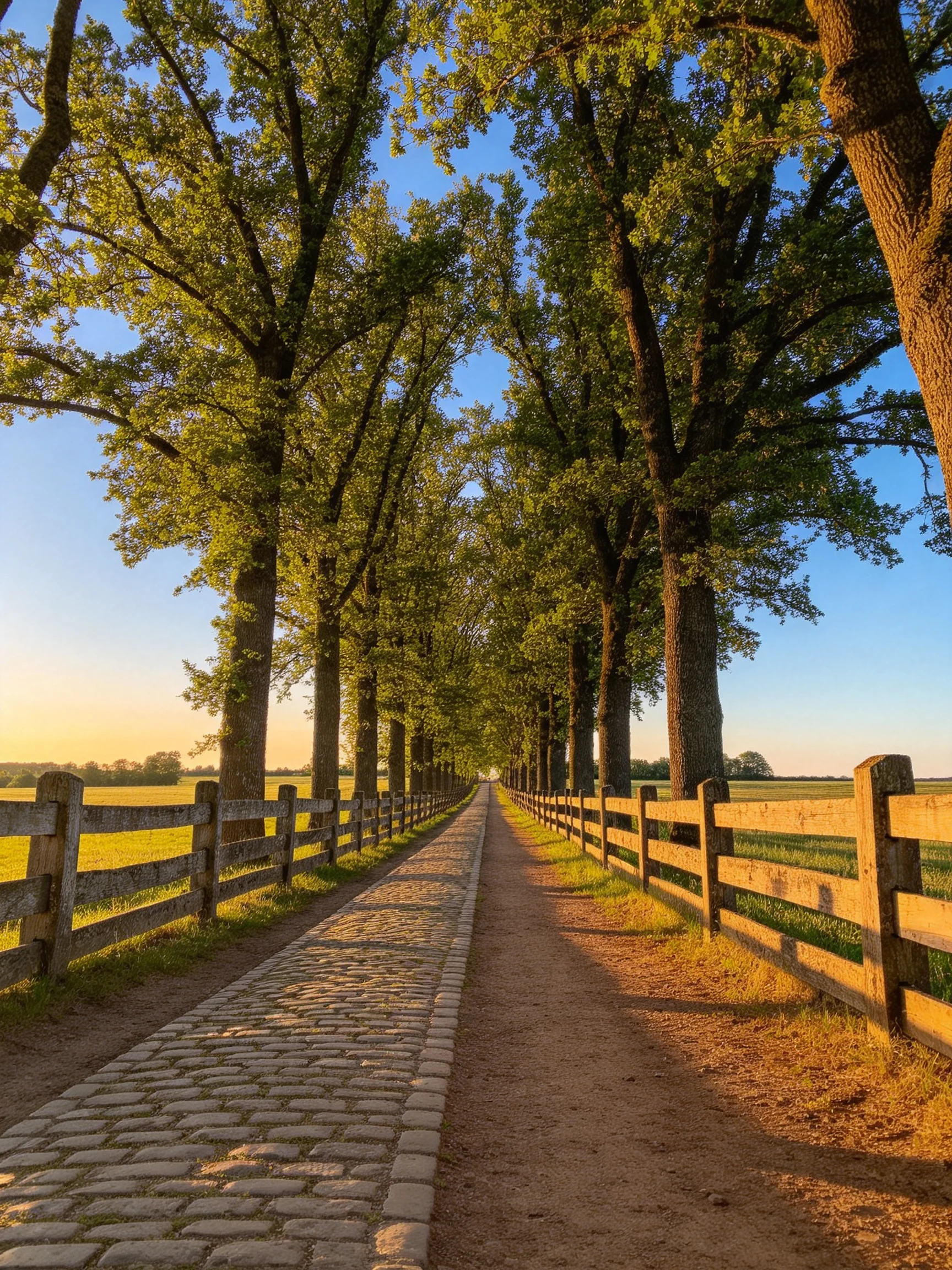 A tree-lined cobblestone path flanked by wooden fences in golden light