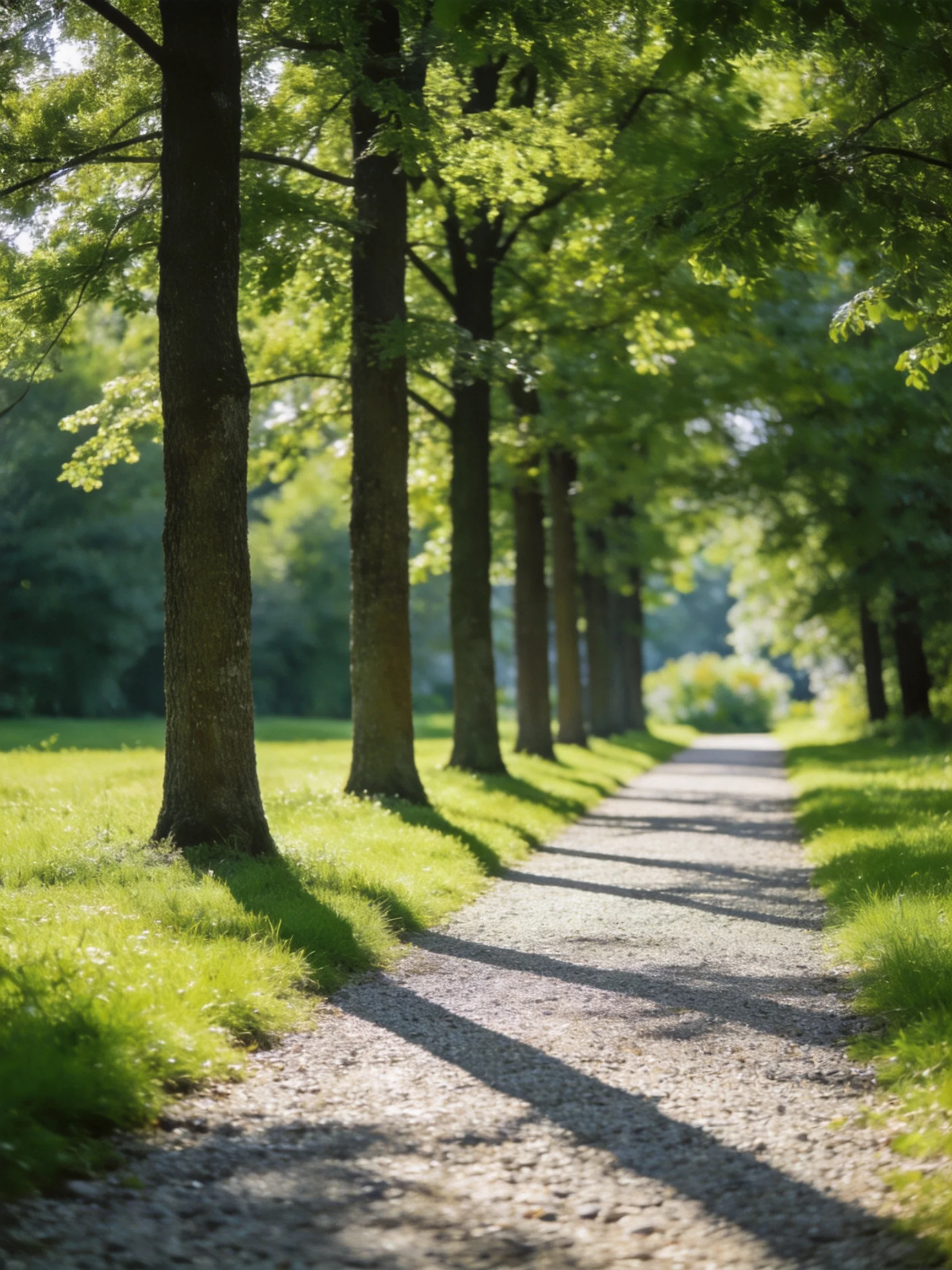 A tree-lined gravel path surrounded by lush green foliage