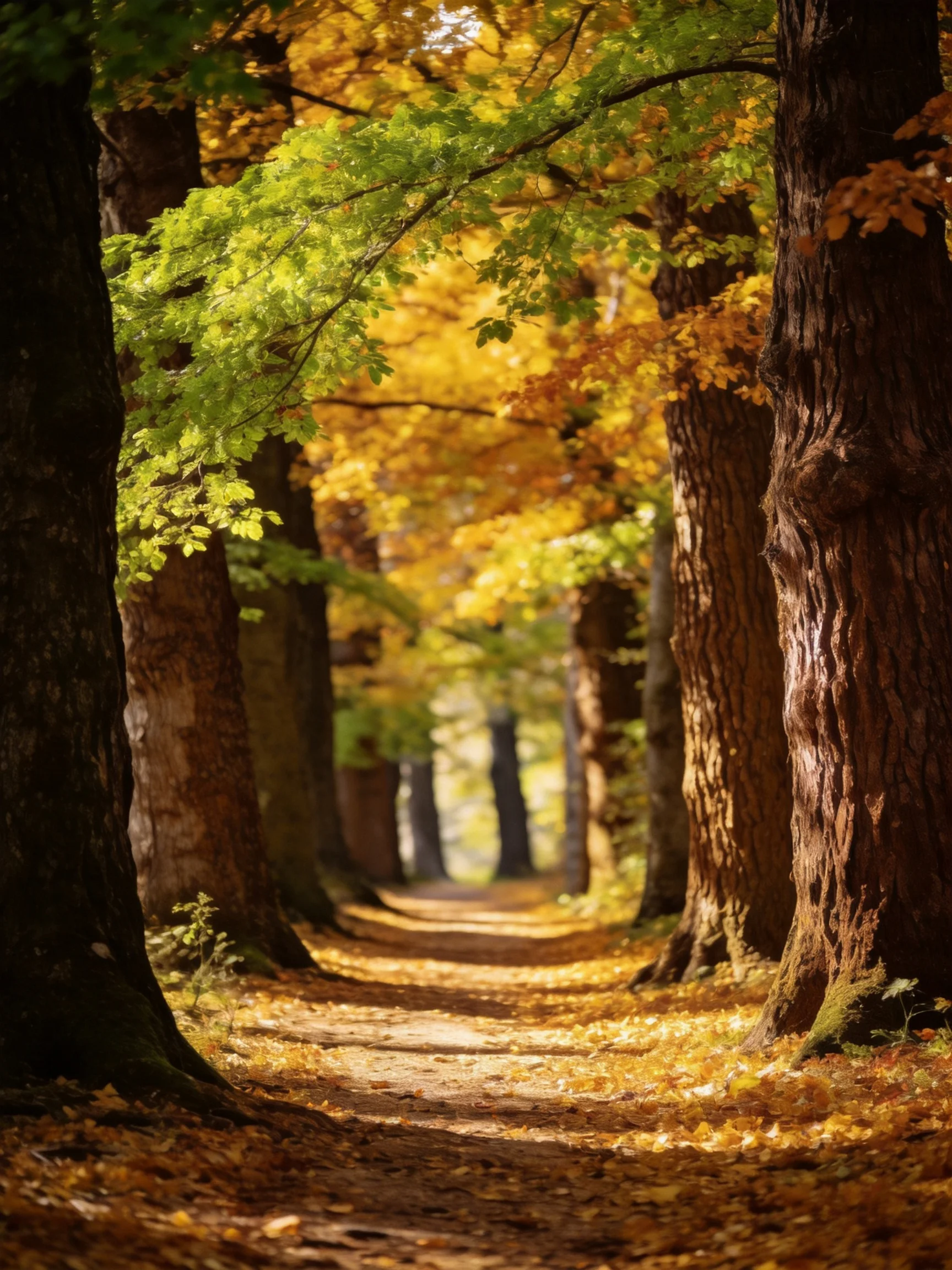 A tree-lined path winds through an autumn forest with colorful foliage