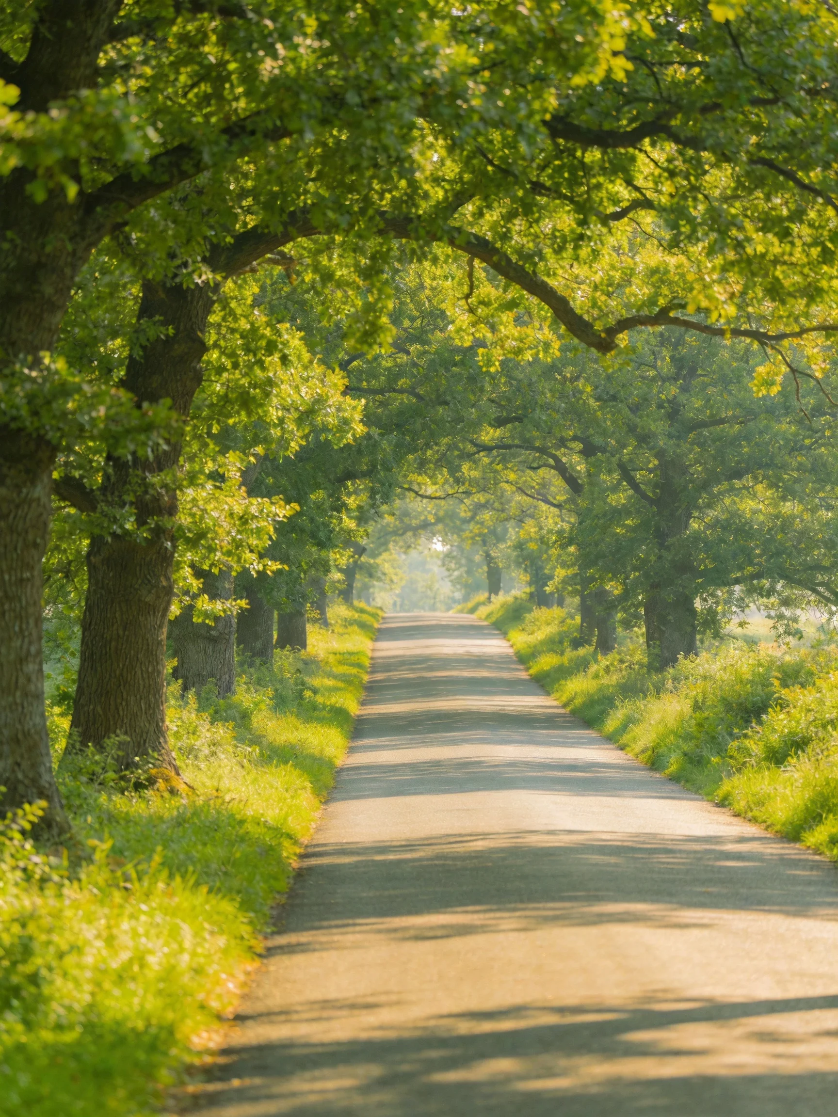 A tree-lined path with lush green foliage and golden sunlight