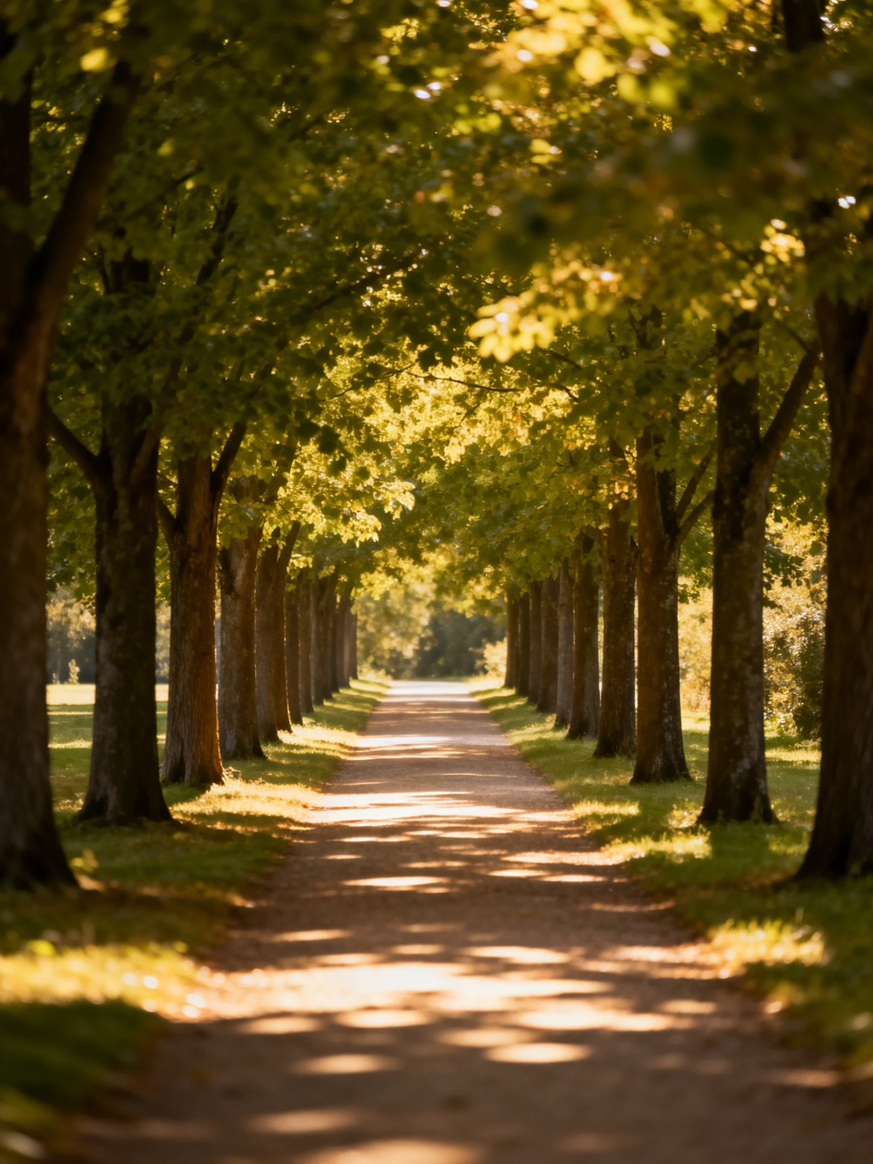 A tree-lined pathway bathed in golden sunlight