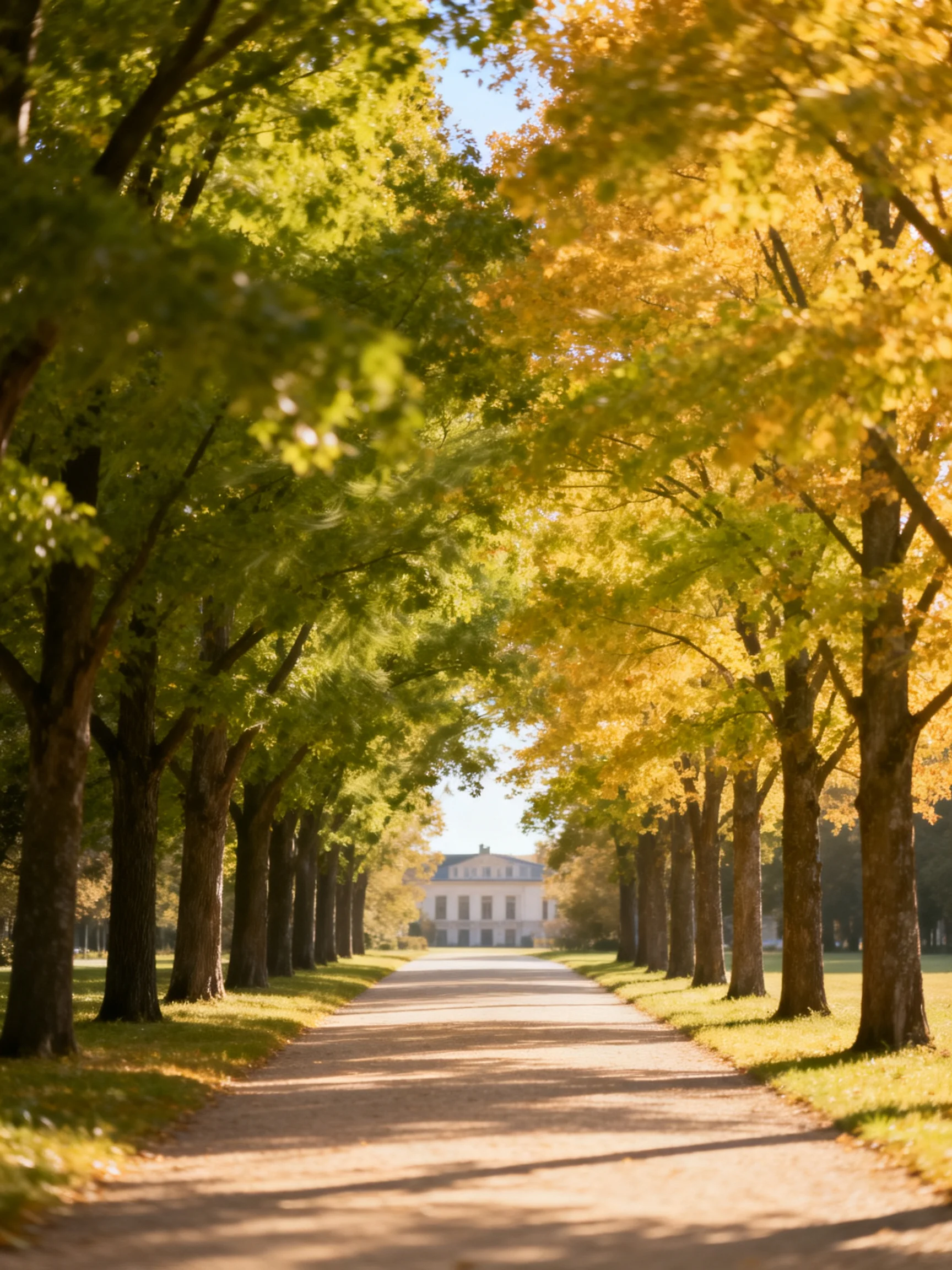 A tree-lined pathway with autumnal hues leads to a grand white mansion
