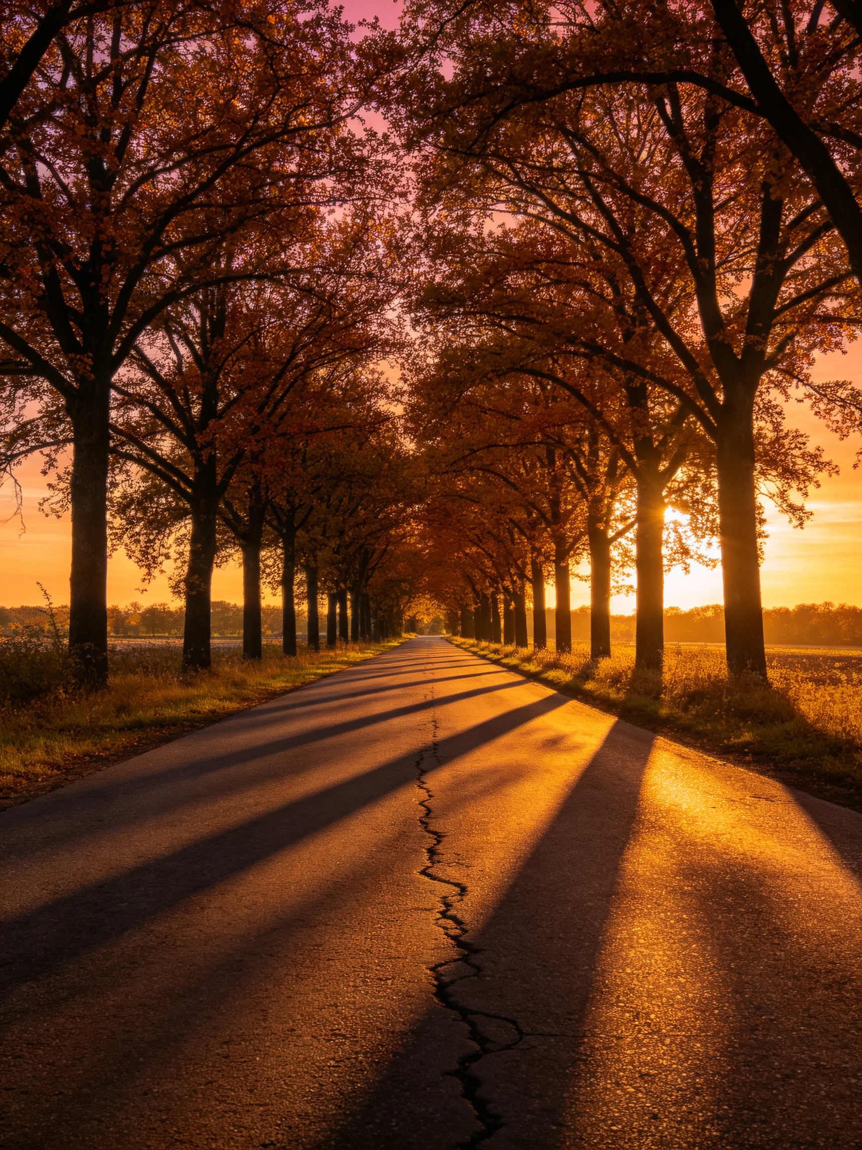 A tree-lined road with autumn foliage under golden sunset light