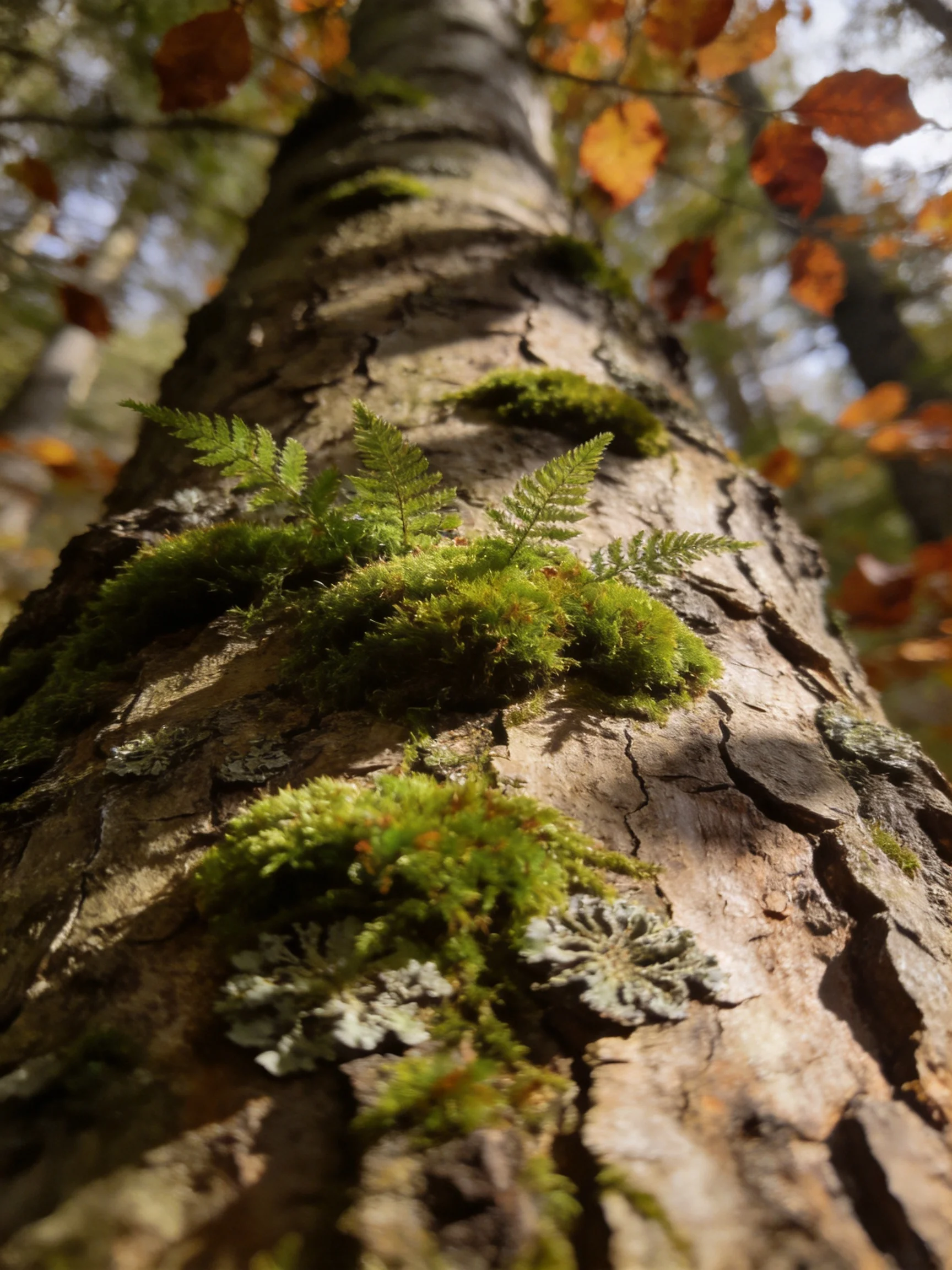A tree trunk with moss, ferns, and autumn foliage