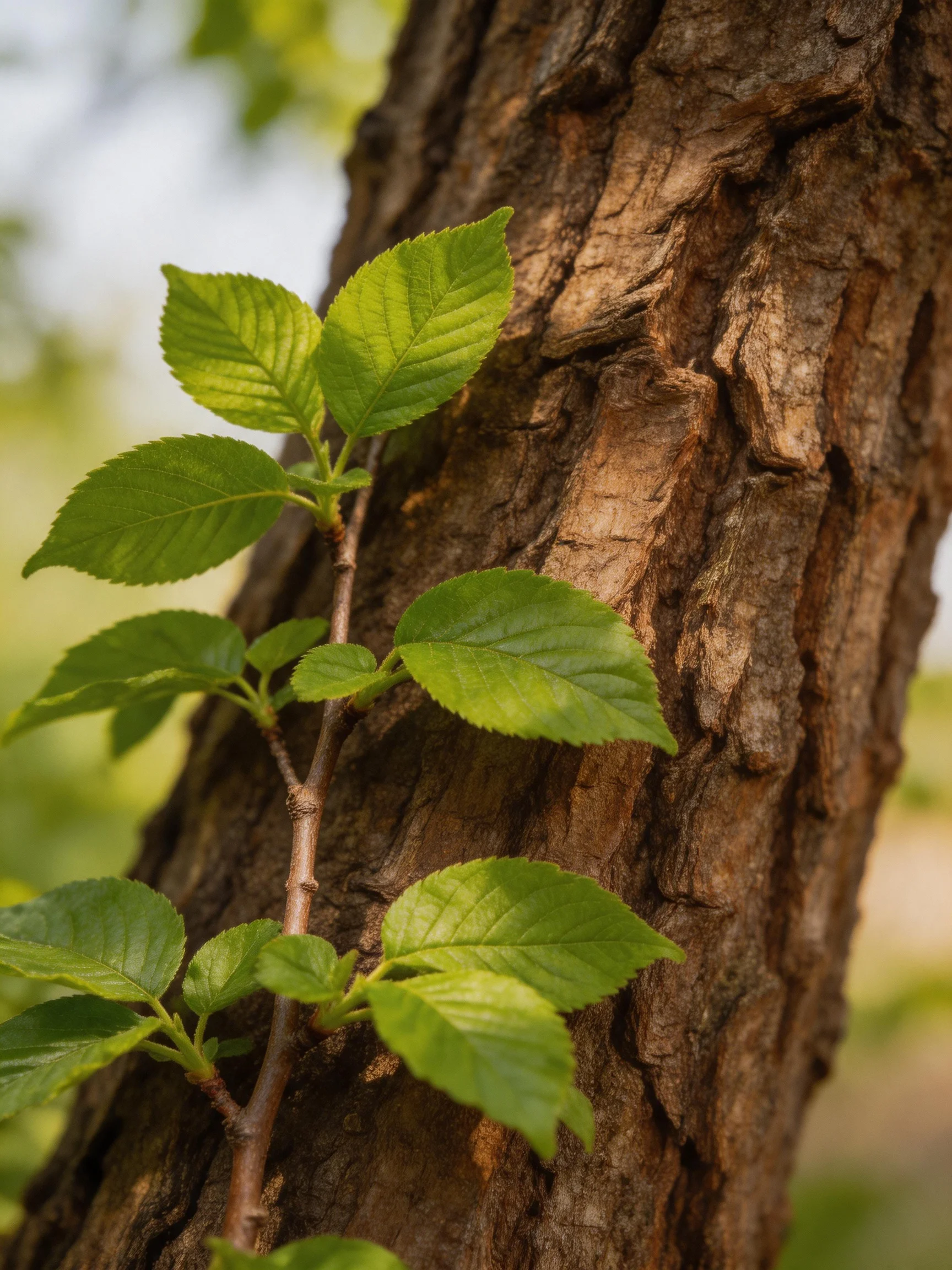 A tree trunk with vibrant green young leaves and rugged bark