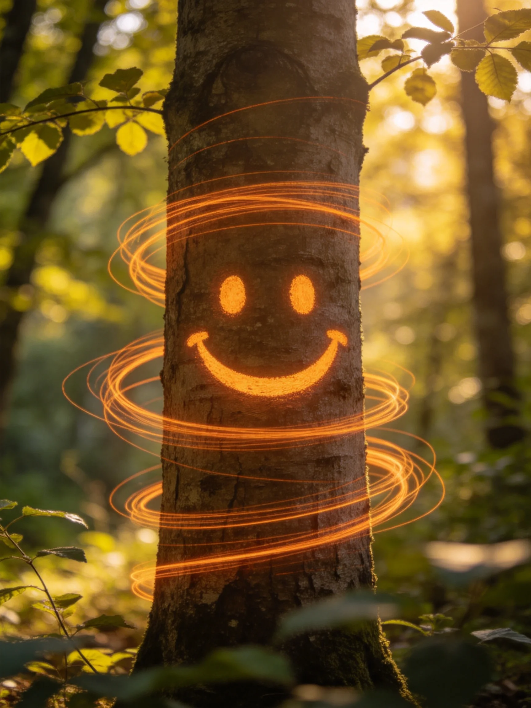 A tree with an orange smiley face and glowing rings in a sunlit forest.