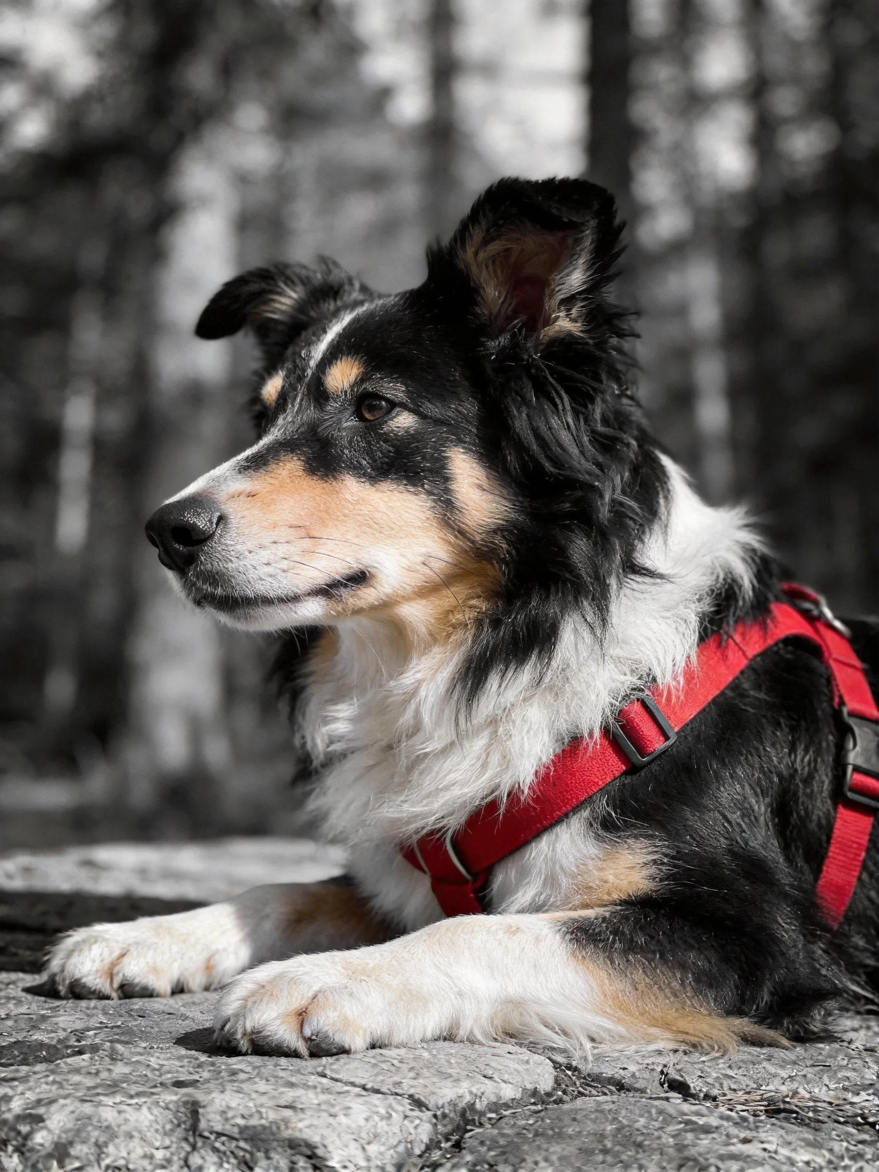 A tricolor dog in a bright red harness rests on rocky ground