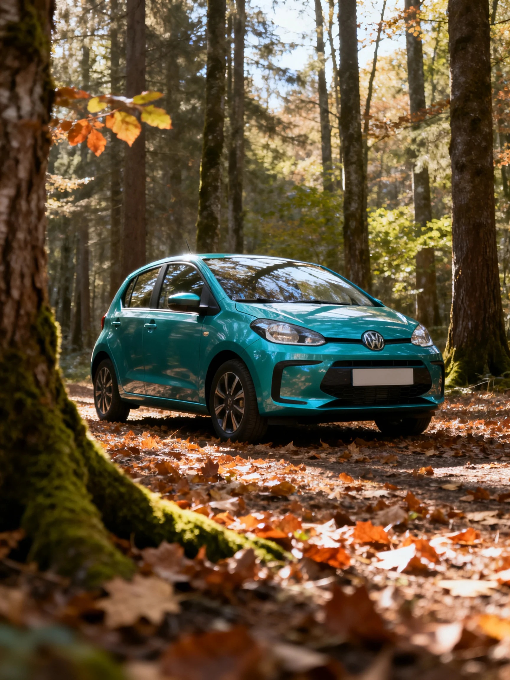 A turquoise car parked among tall forest trees with autumn leaves