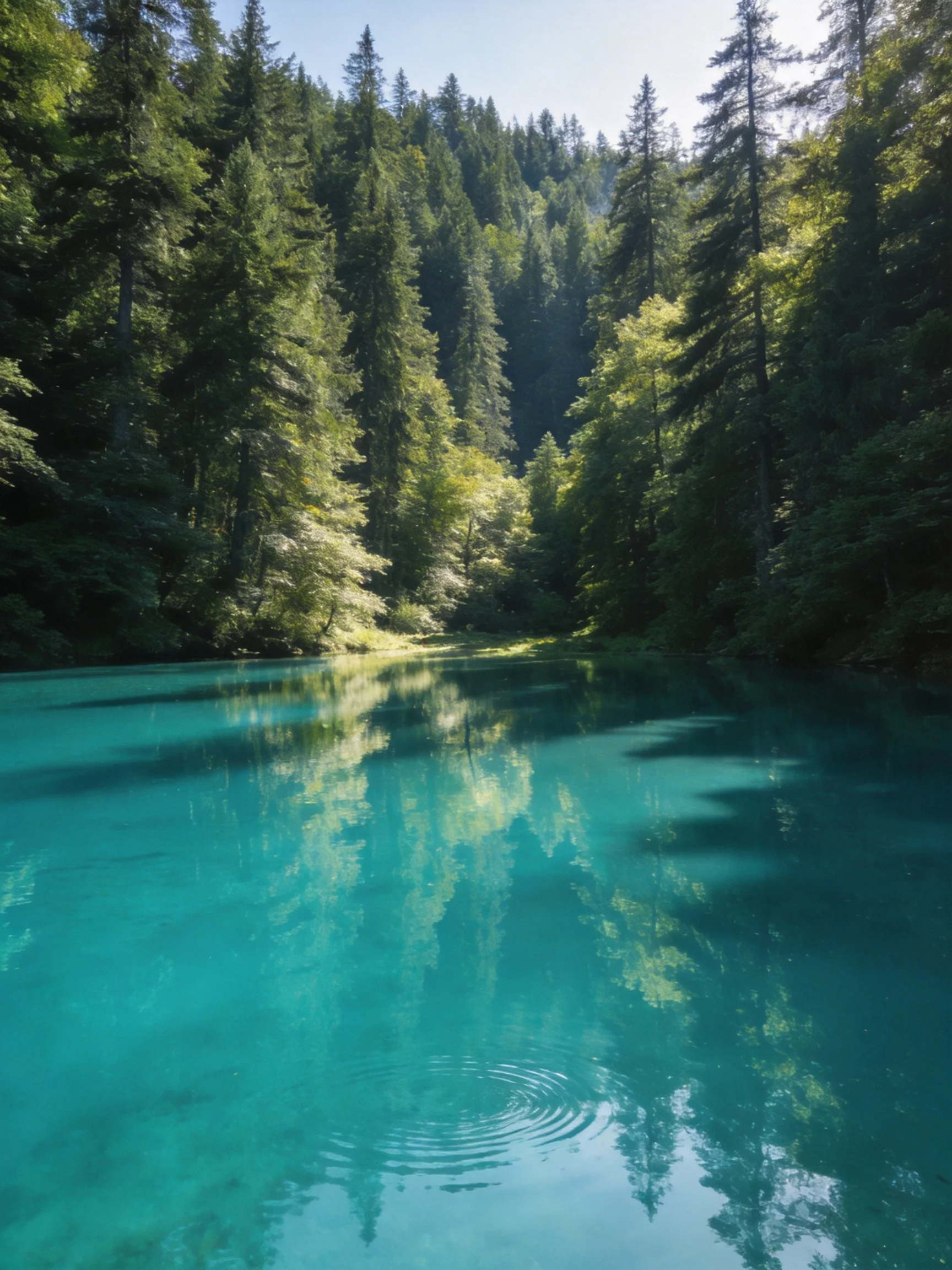 A turquoise lake reflects a dense green forest under bright sunlight