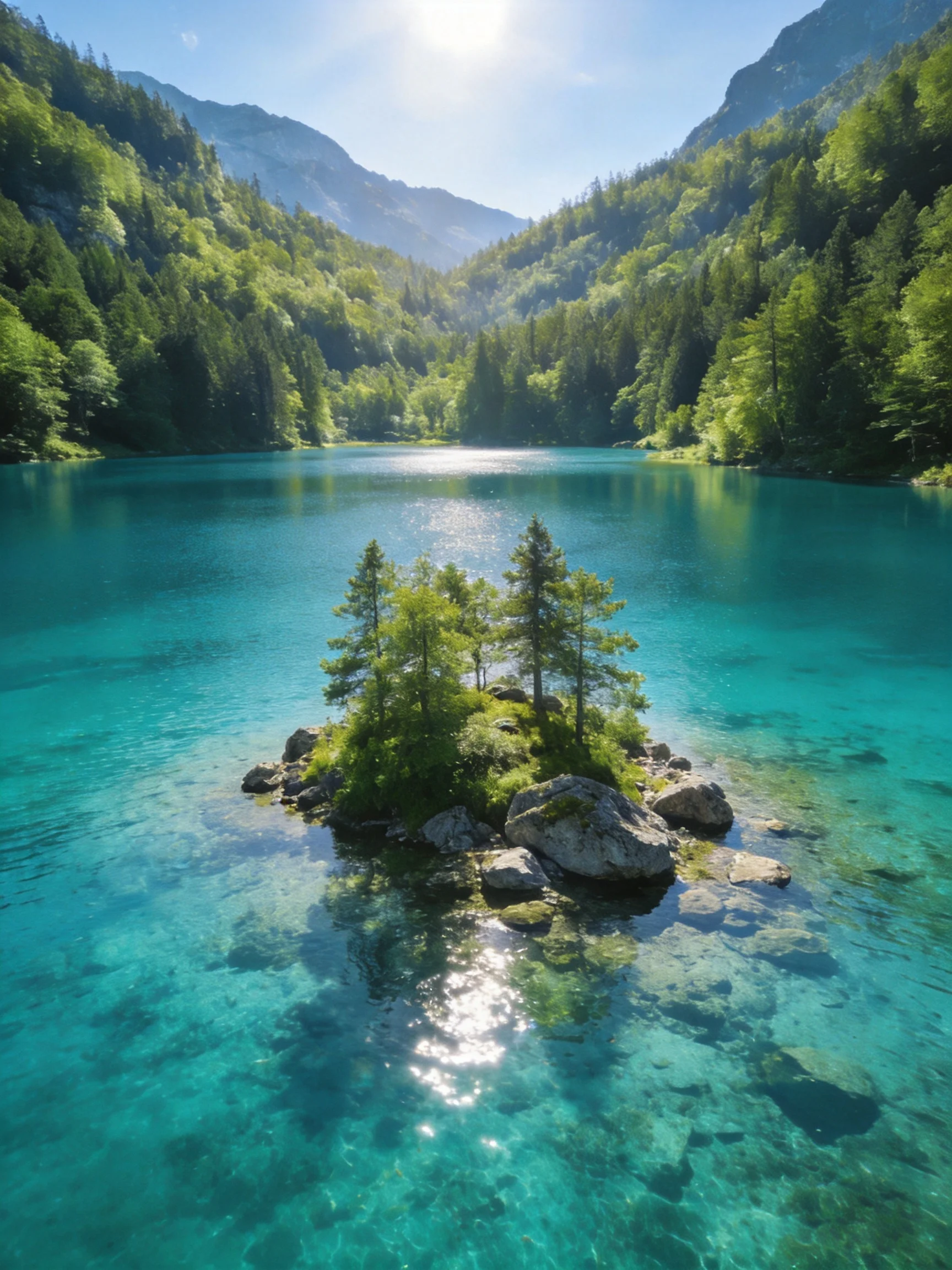 A turquoise lake with a tree - covered rocky island amid forested mountains
