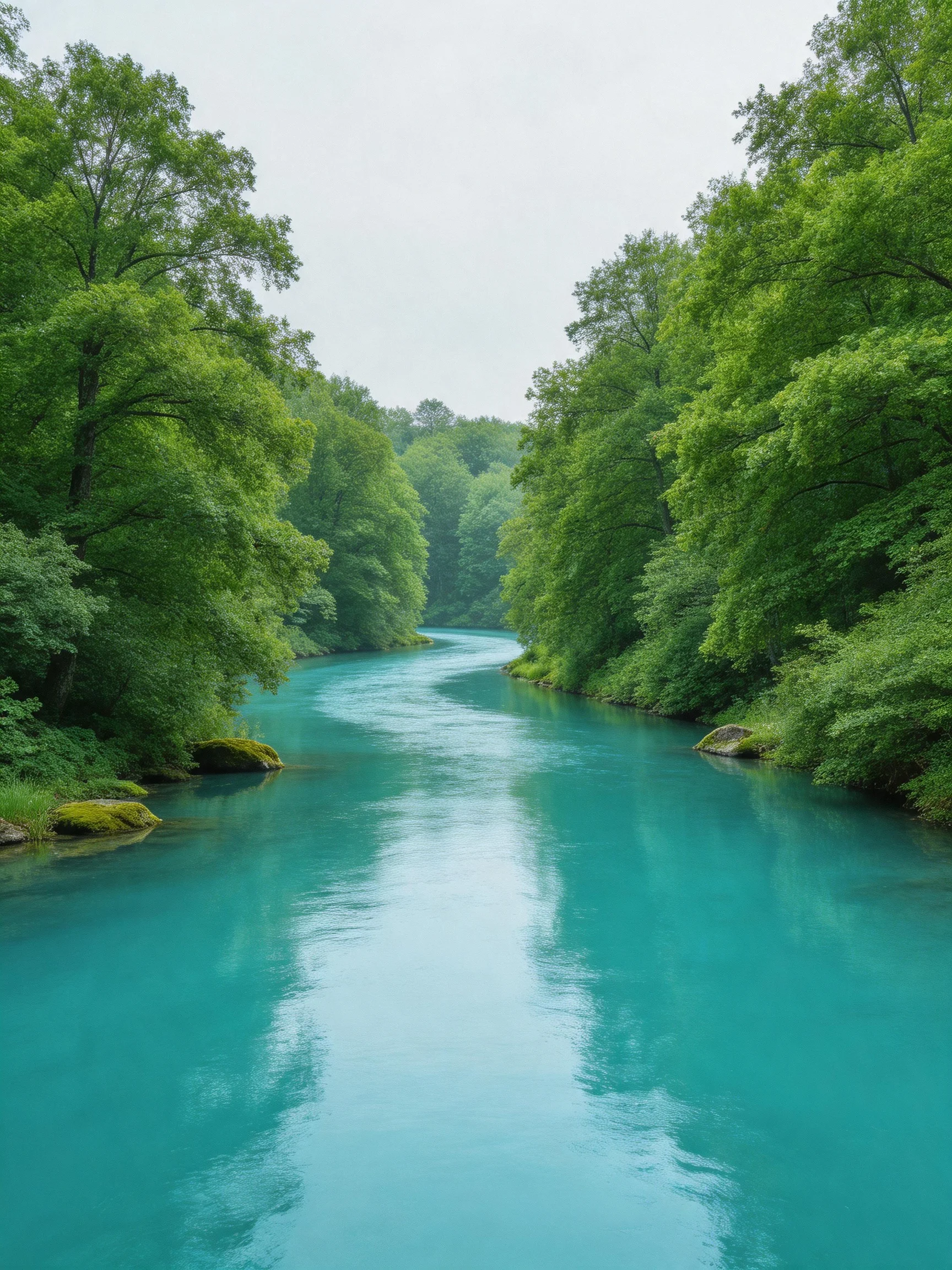 A turquoise river winds through dense, vibrant green forests