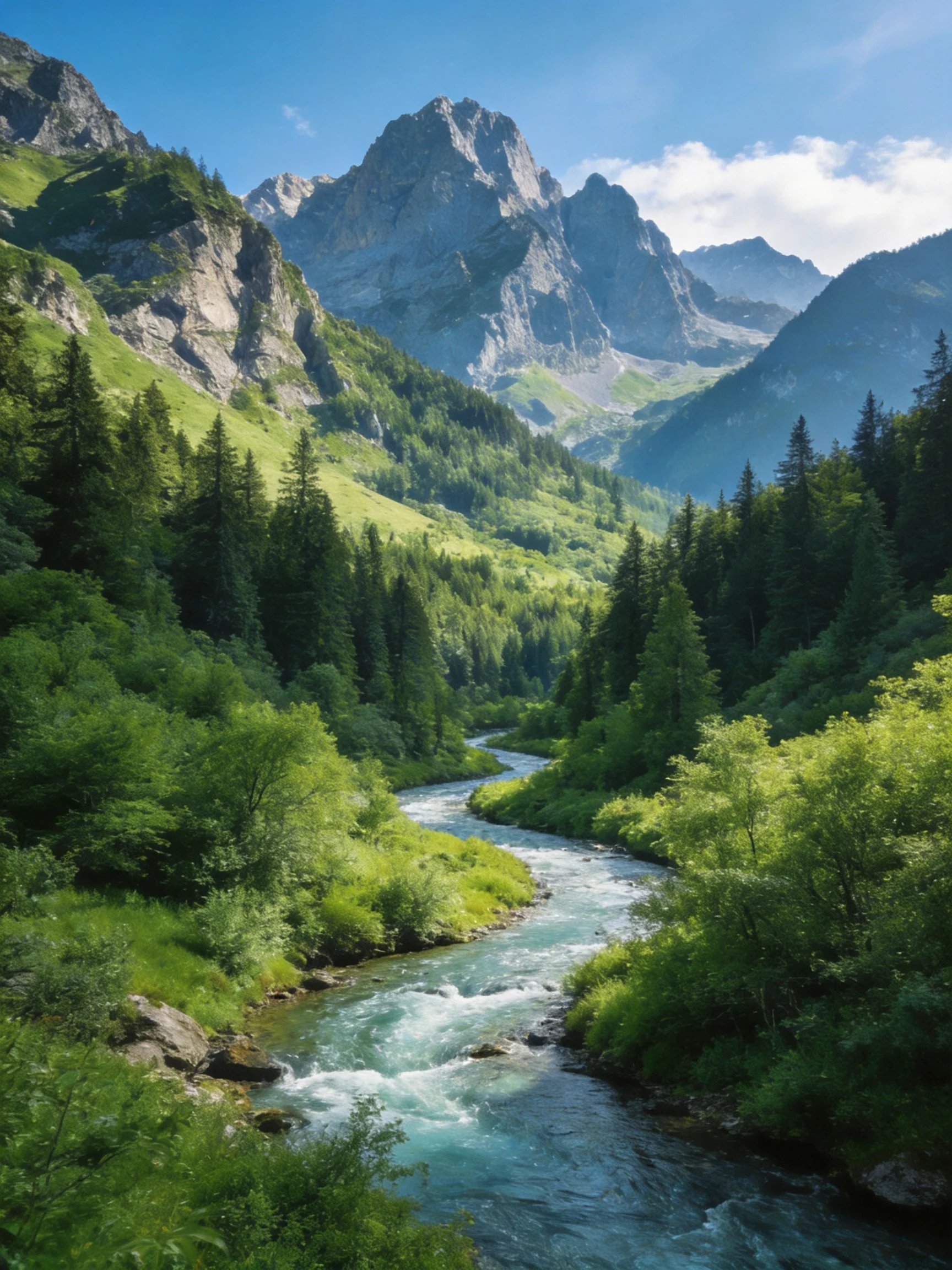 A turquoise river winds through lush green valleys near towering gray mountains