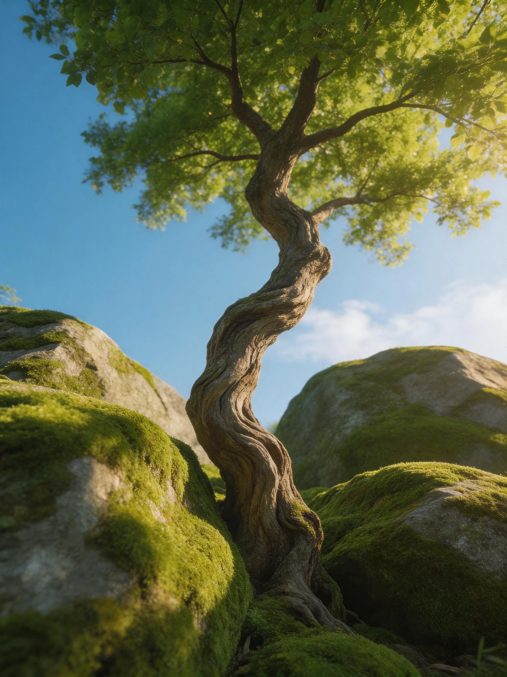 A twisted tree grows between moss-covered rocks under bright blue sky