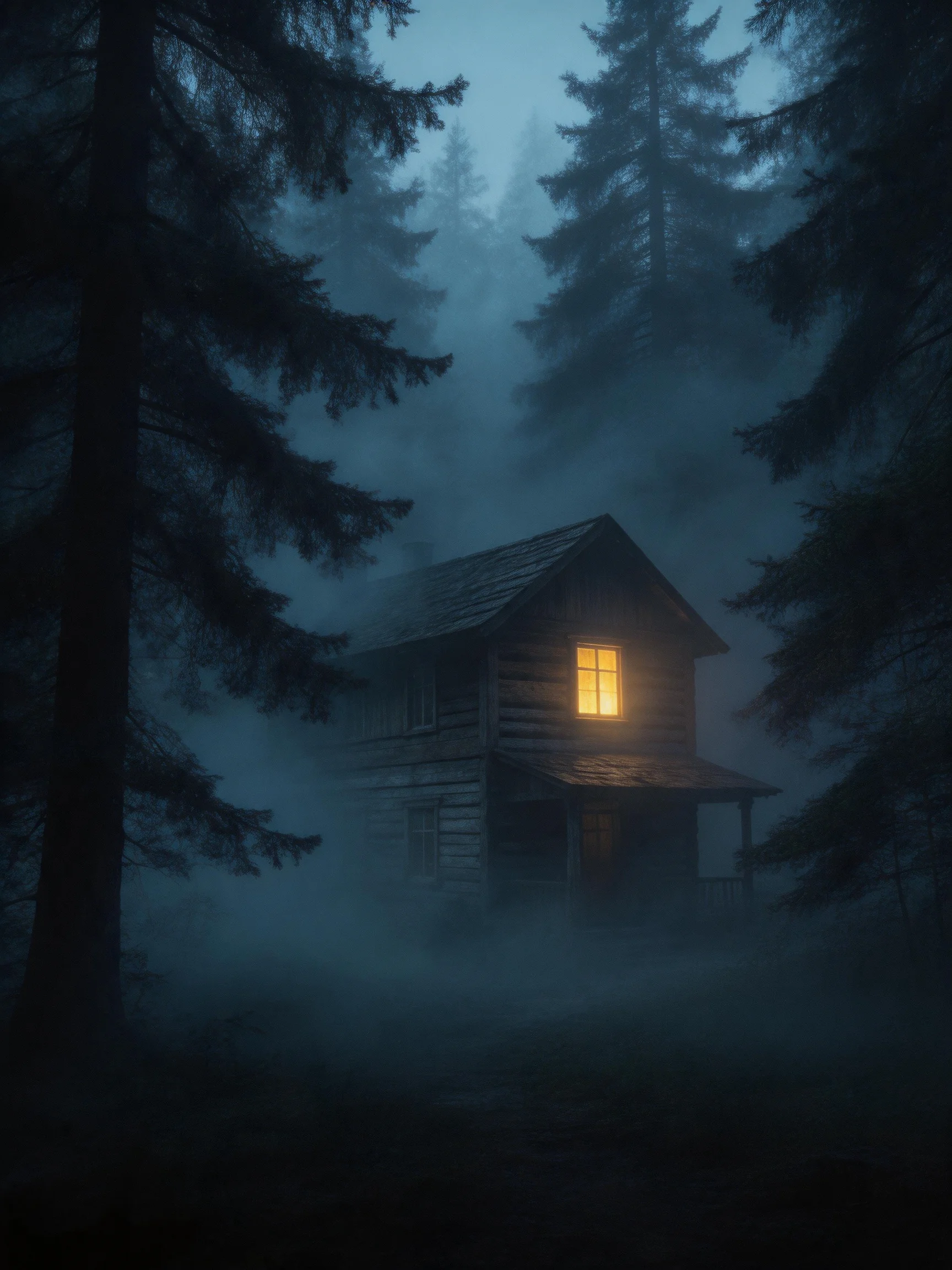 A two-story wooden cabin with a glowing window in a foggy forest at night